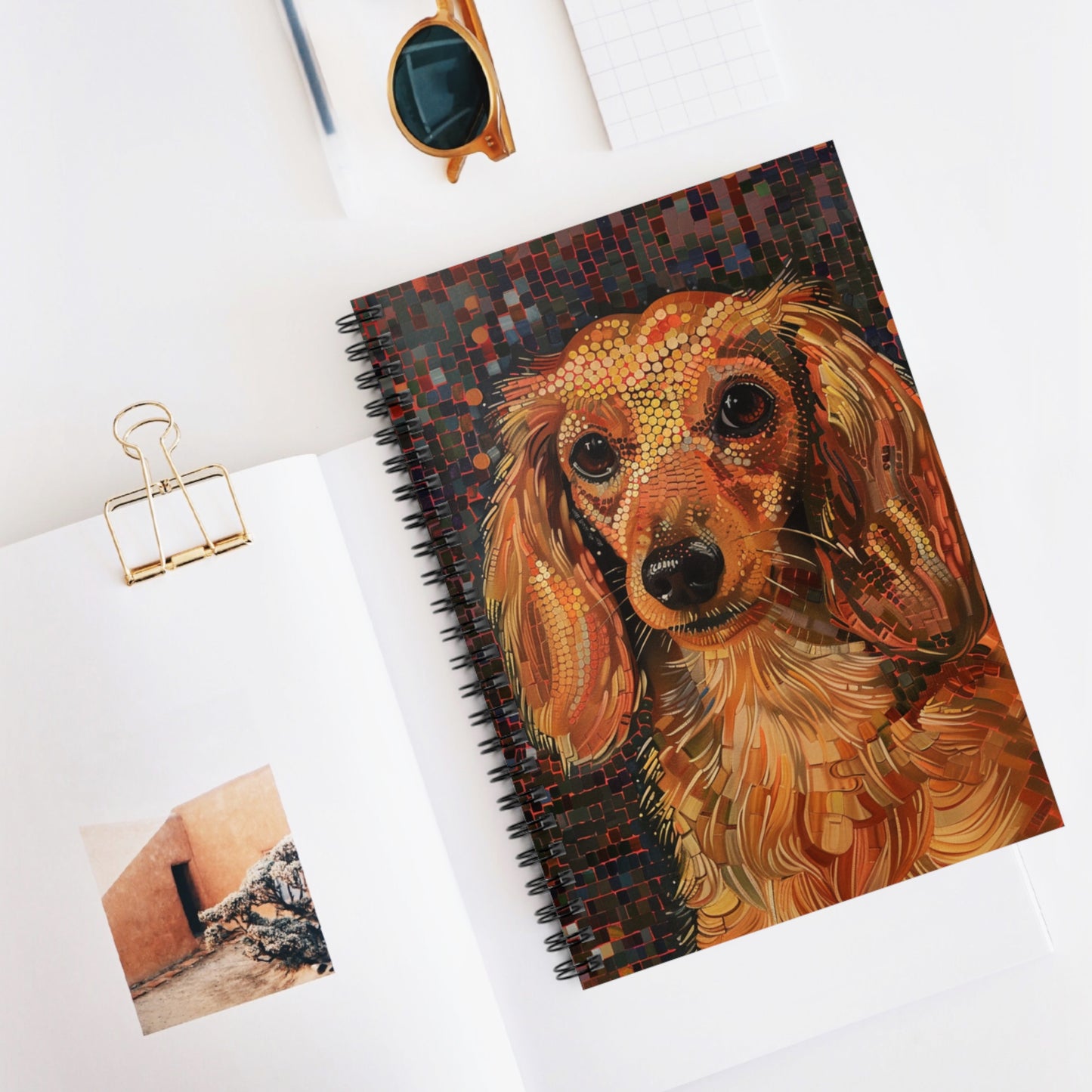 "Pensive" Cream-Colored Long-Haired Dachshund Ruled Line Spiral Notebook