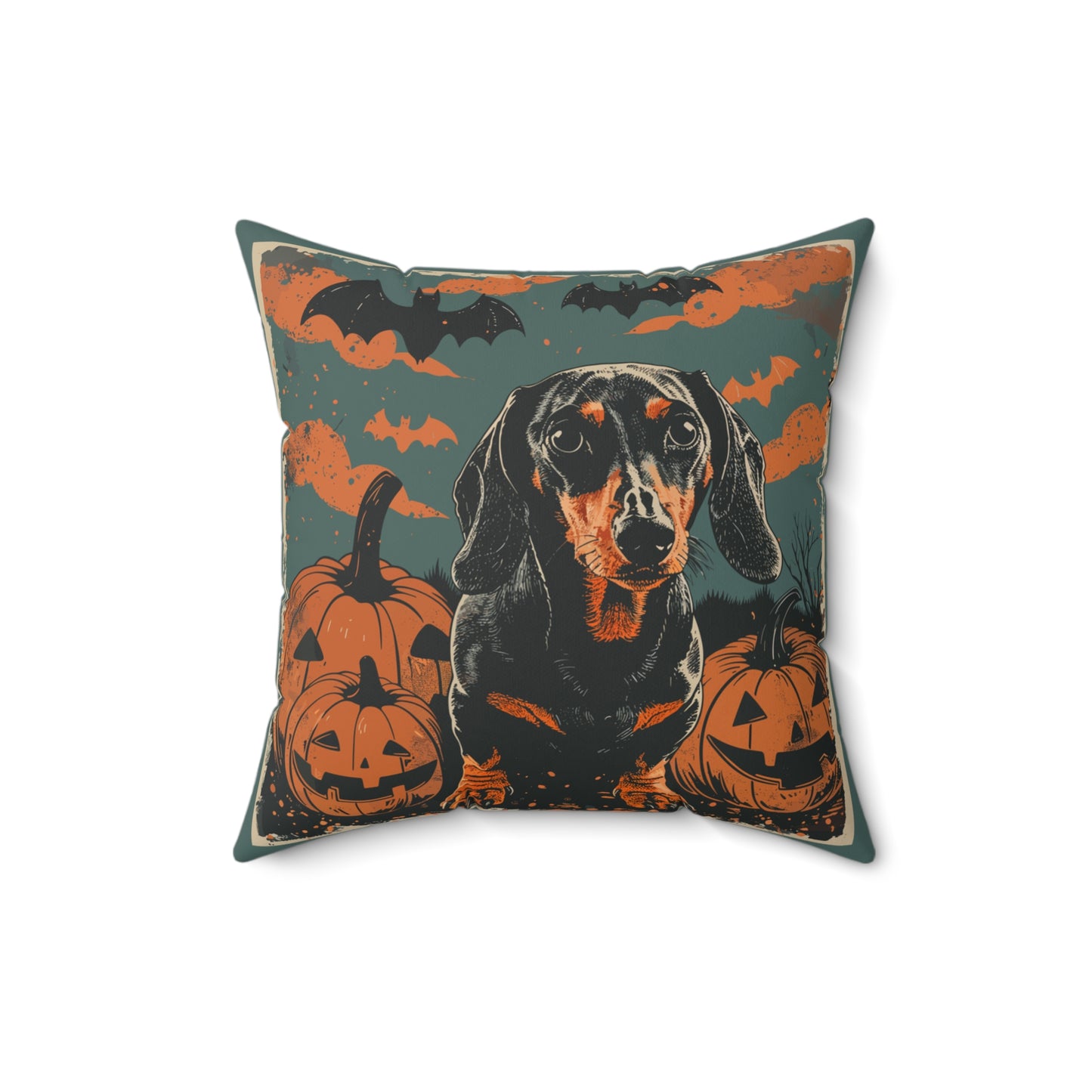 #9 Halloween Inspired Black & Tan Smooth-Haired Dachshund Throw Pillow