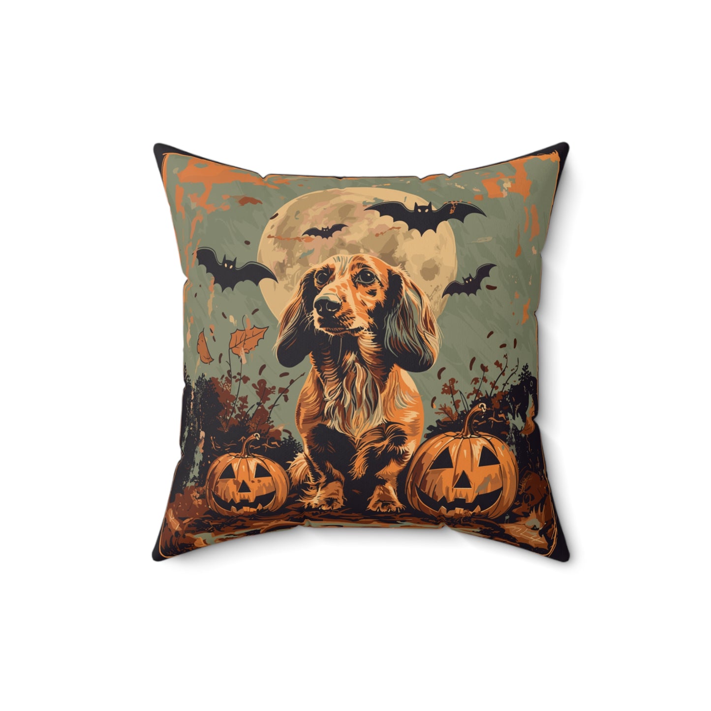 #21 Halloween Inspired Tan Long-Haired Dachshund Throw Pillow