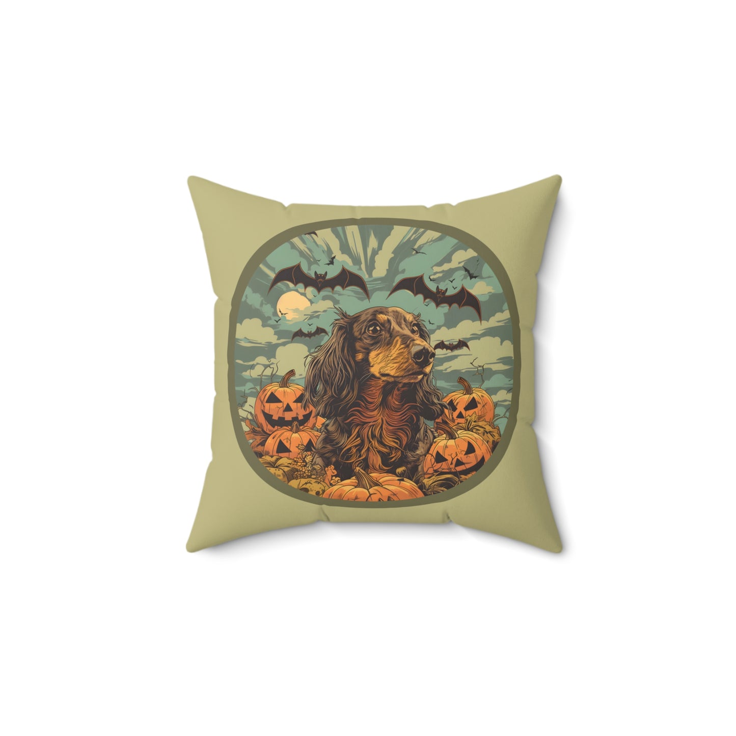 #17 Halloween Inspired Black & Tan/Chocolate Long-Haired Dachshund Throw Pillow