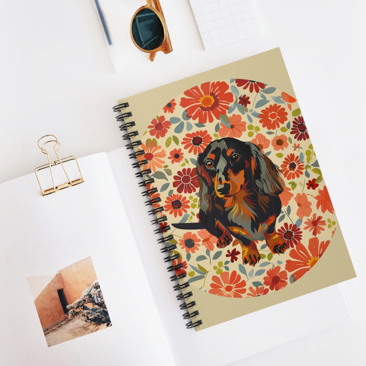 "Wallpaper" Black & Tan Long-Haired Dachshund Ruled Line Spiral Notebook