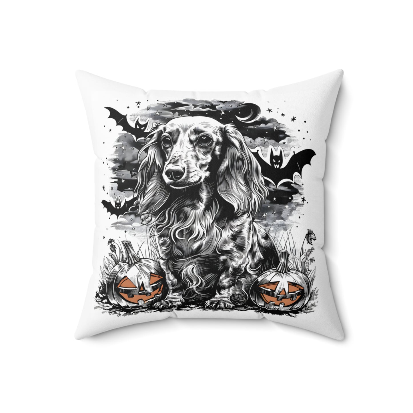 #13 Halloween Inspired Cream-Colored Long-Haired Dachshund Throw Pillow