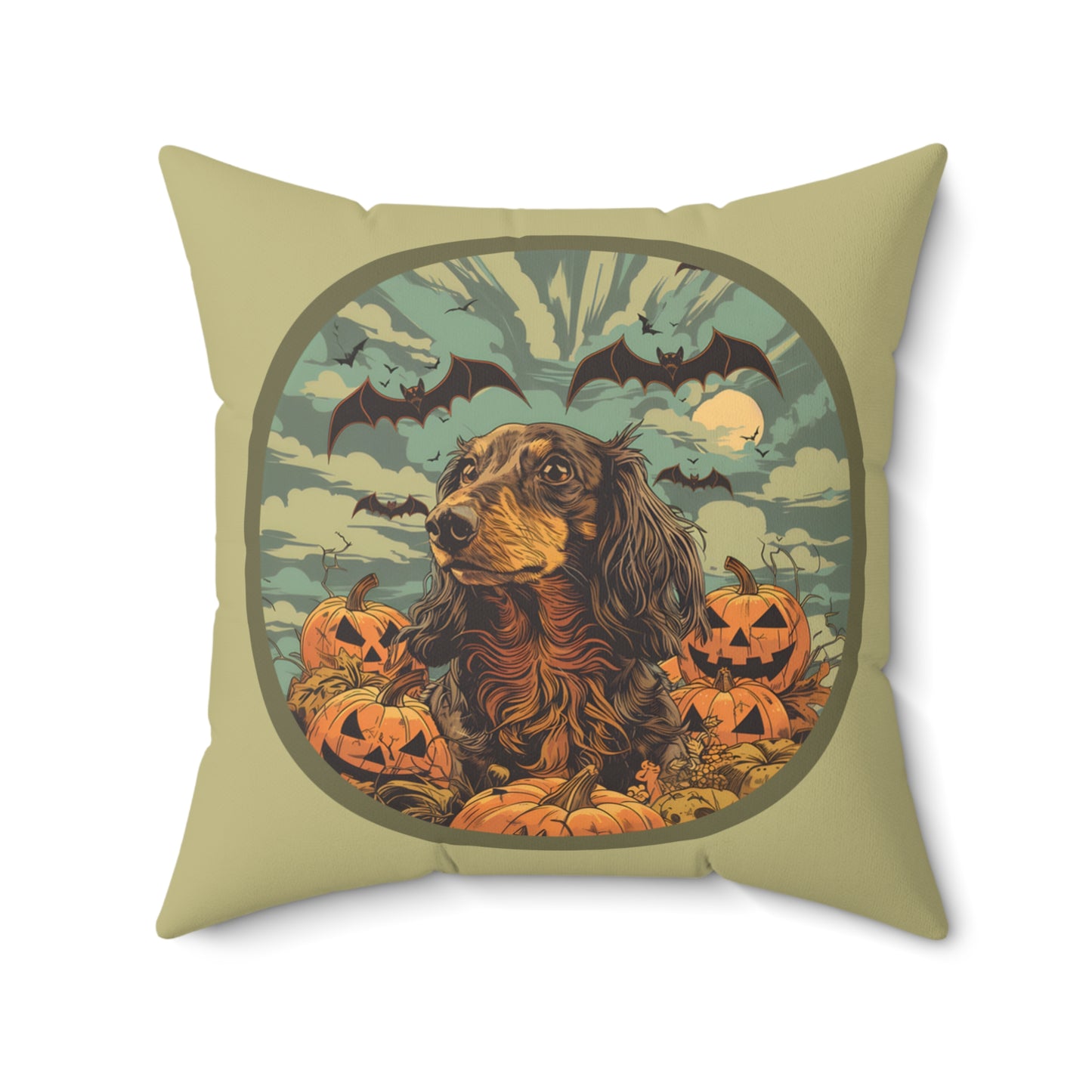 #17 Halloween Inspired Black & Tan/Chocolate Long-Haired Dachshund Throw Pillow