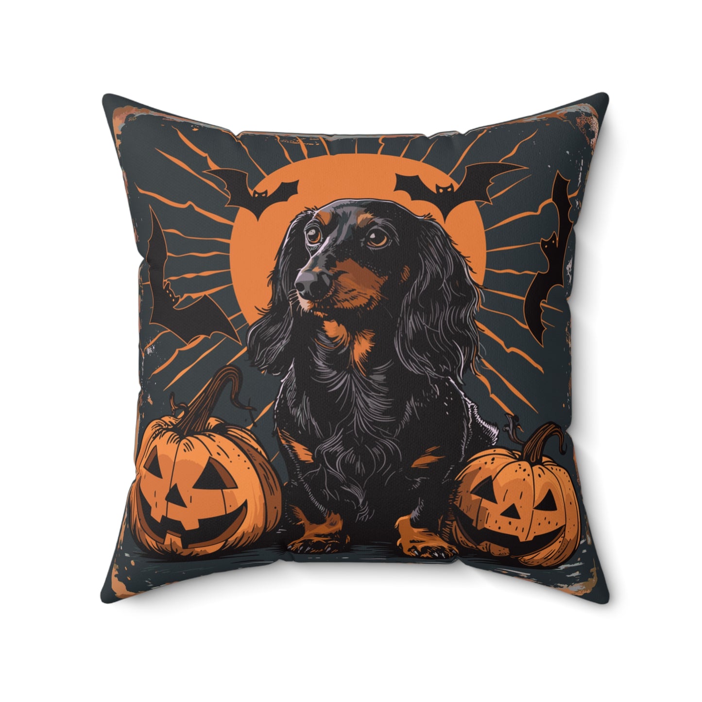 #23 Halloween Inspired Black & Tan Long-Haired Dachshund Throw Pillow