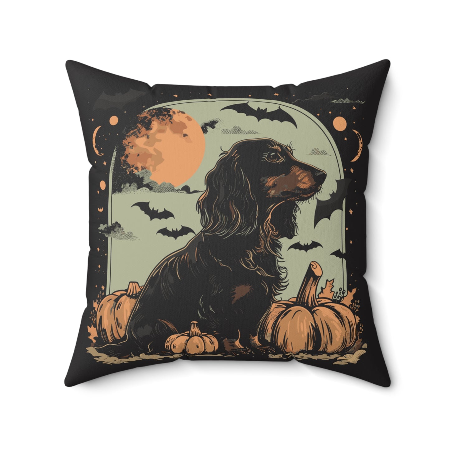 #18 Halloween Inspired Black & Tan Long-Haired Dachshund Throw Pillow