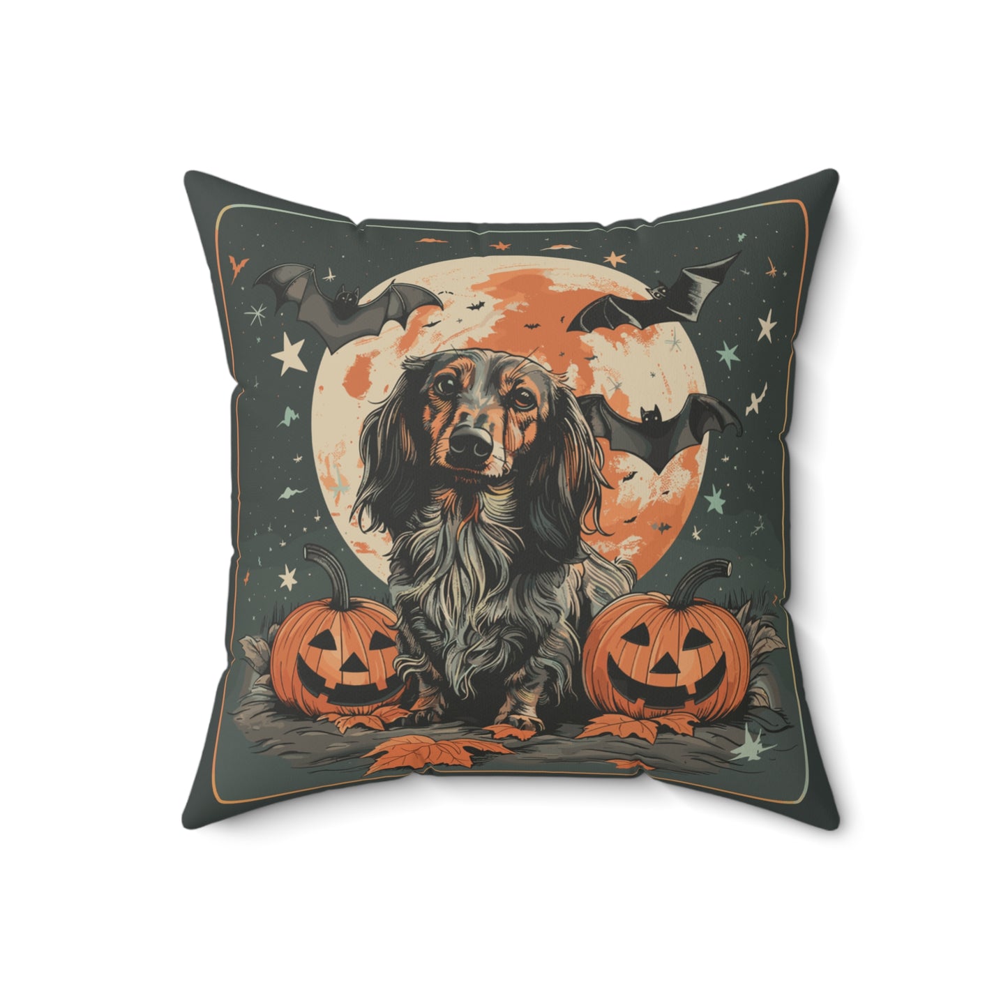 #11 Halloween Inspired Black & Tan/Red/Chocolate Long-Haired Dachshund Throw Pillow
