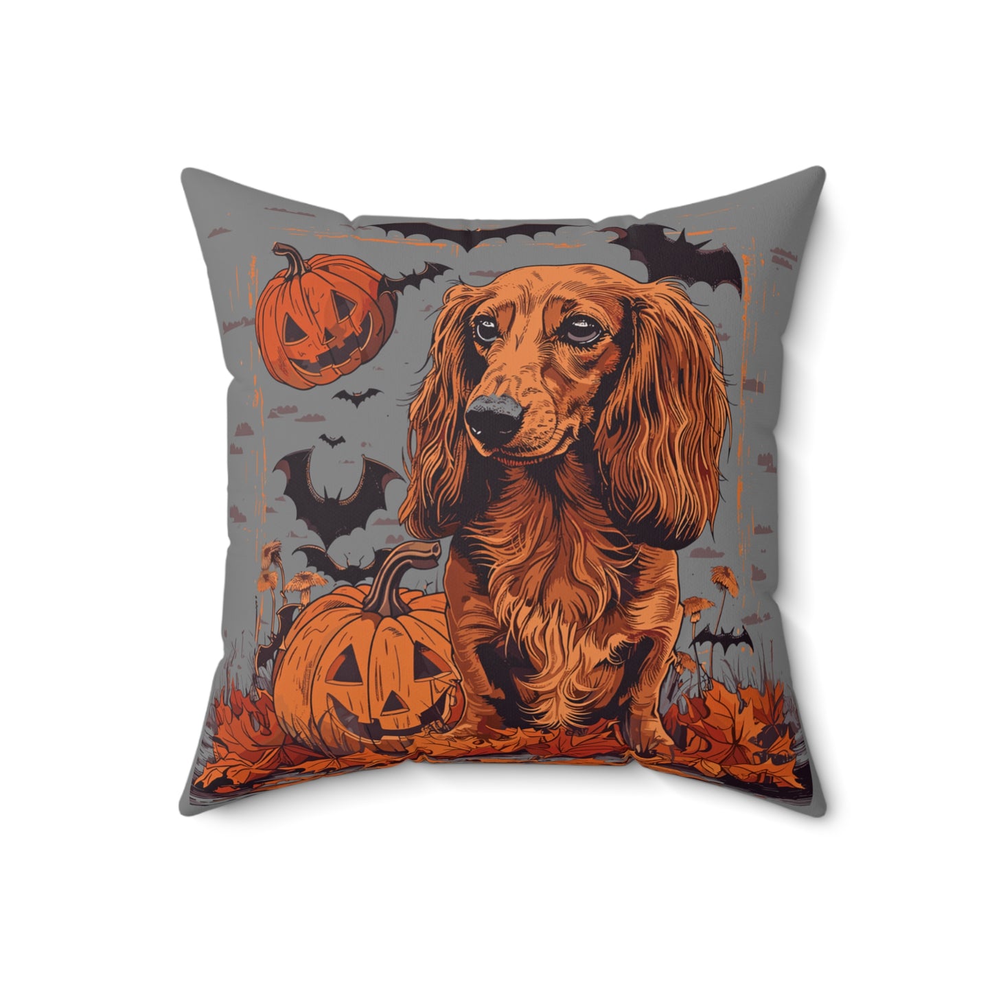 #24 Halloween Inspired Red Long-Haired Dachshund Throw Pillow
