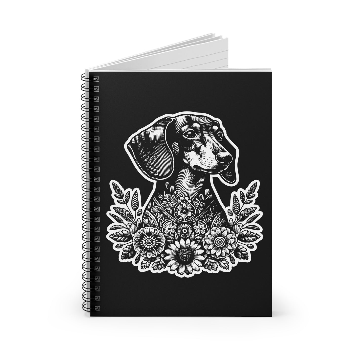 "#1 Floral Print" Black & Tan Smooth-Haired Dachshund Ruled Line Spiral Notebook