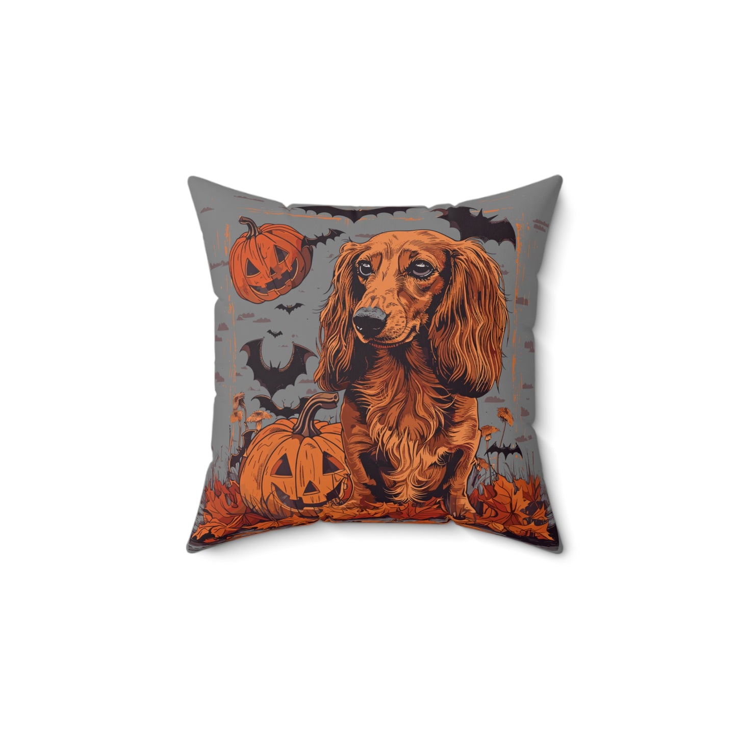 #24 Halloween Inspired Red Long-Haired Dachshund Throw Pillow