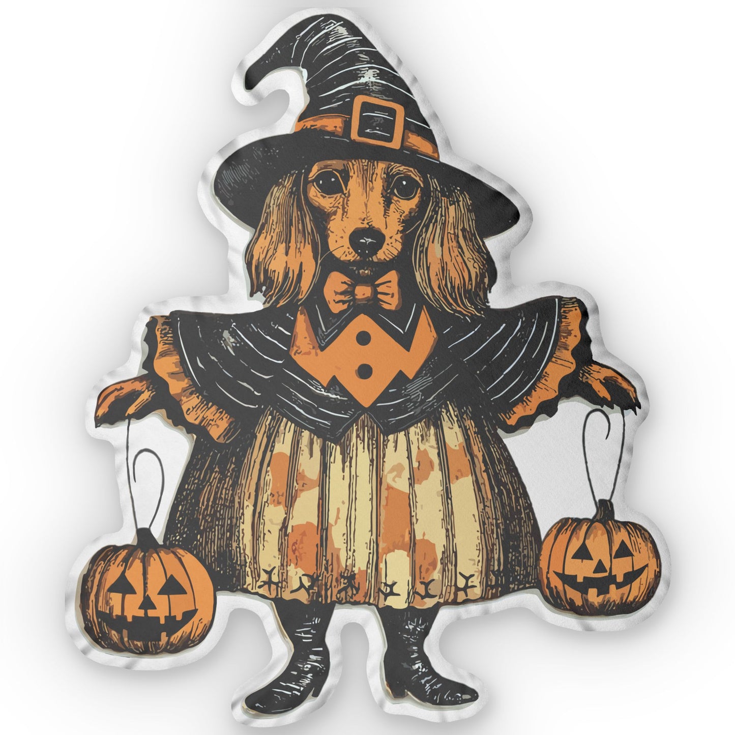 #17 Vintage Halloween Inspired Cream-Colored Long-Haired Dachshund Custom Shaped Pillow