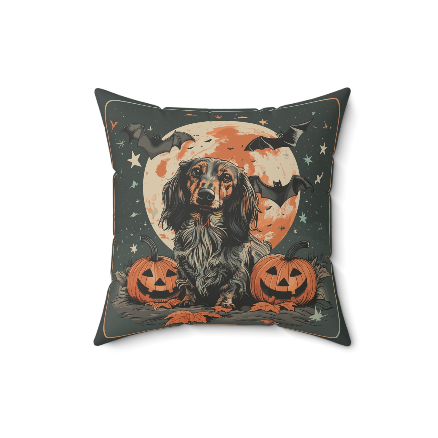 #11 Halloween Inspired Black & Tan/Red/Chocolate Long-Haired Dachshund Throw Pillow