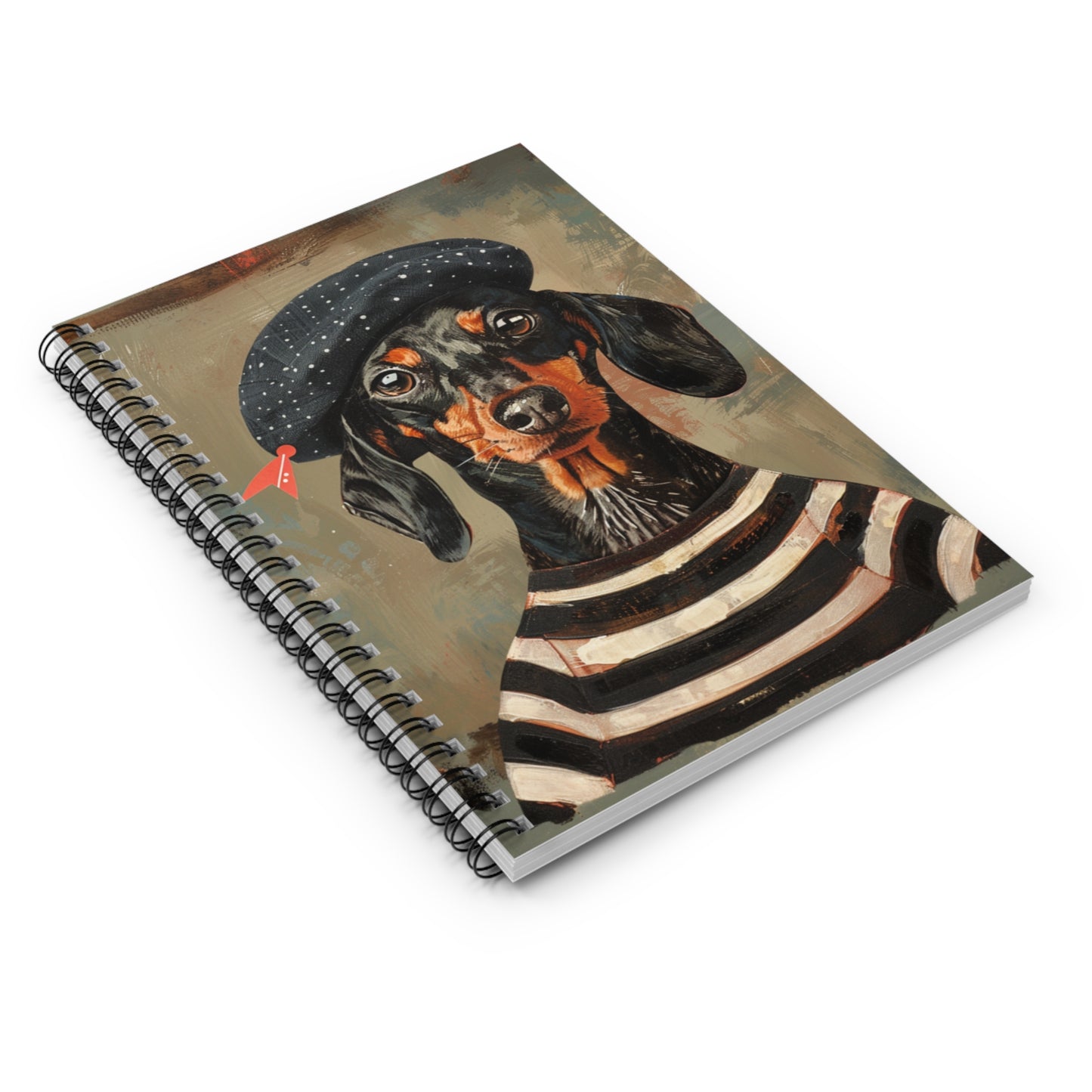 "Beret" Black & Tan Smooth-Haired Dachshund Ruled Line Spiral Notebook