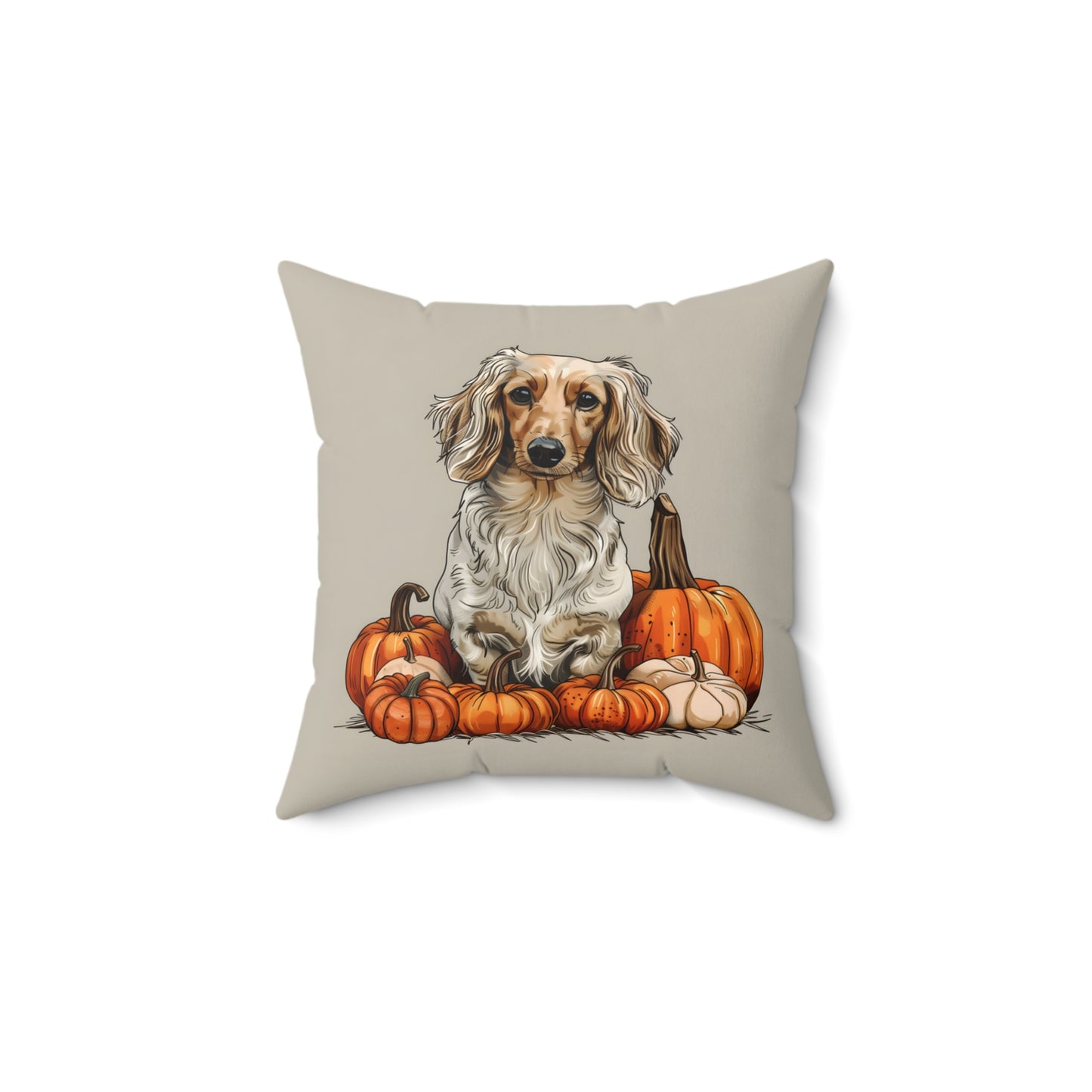 #13 Autumn Inspired Cream-Colored Long-Haired Dachshund Throw Pillow