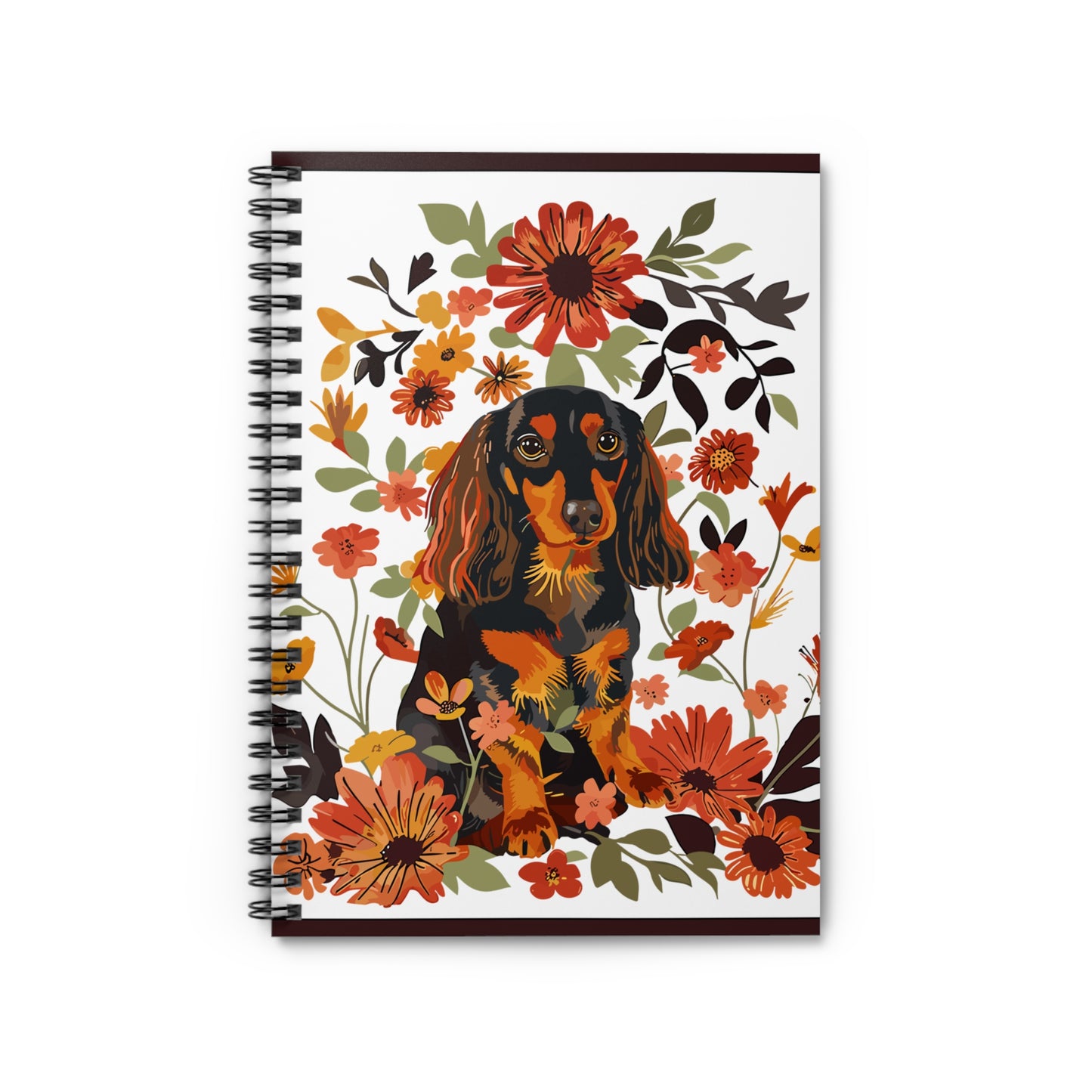 "Bouquet" Black & Tan Long-Haired Dachshund Ruled Line Spiral Notebook