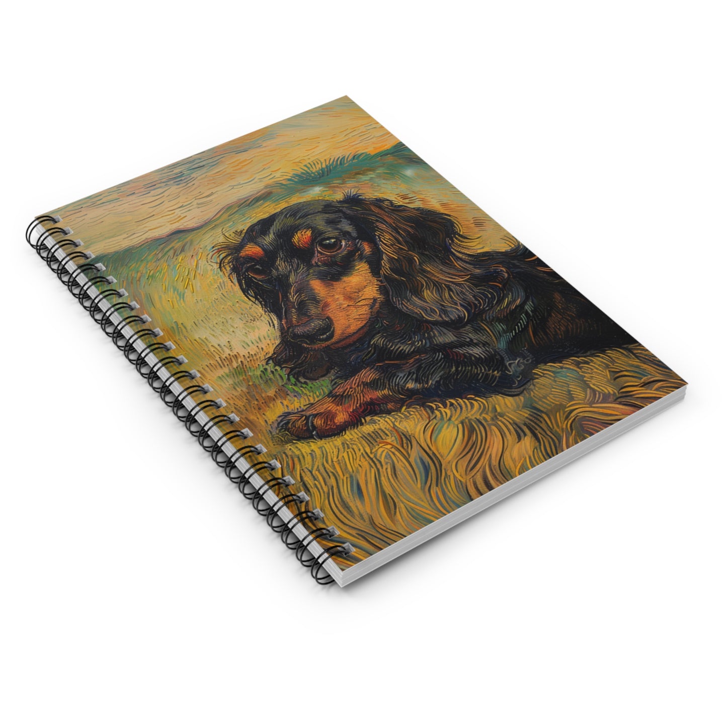"Gogh" Black & Tan Long-Haired Dachshund Ruled Line Spiral Notebook