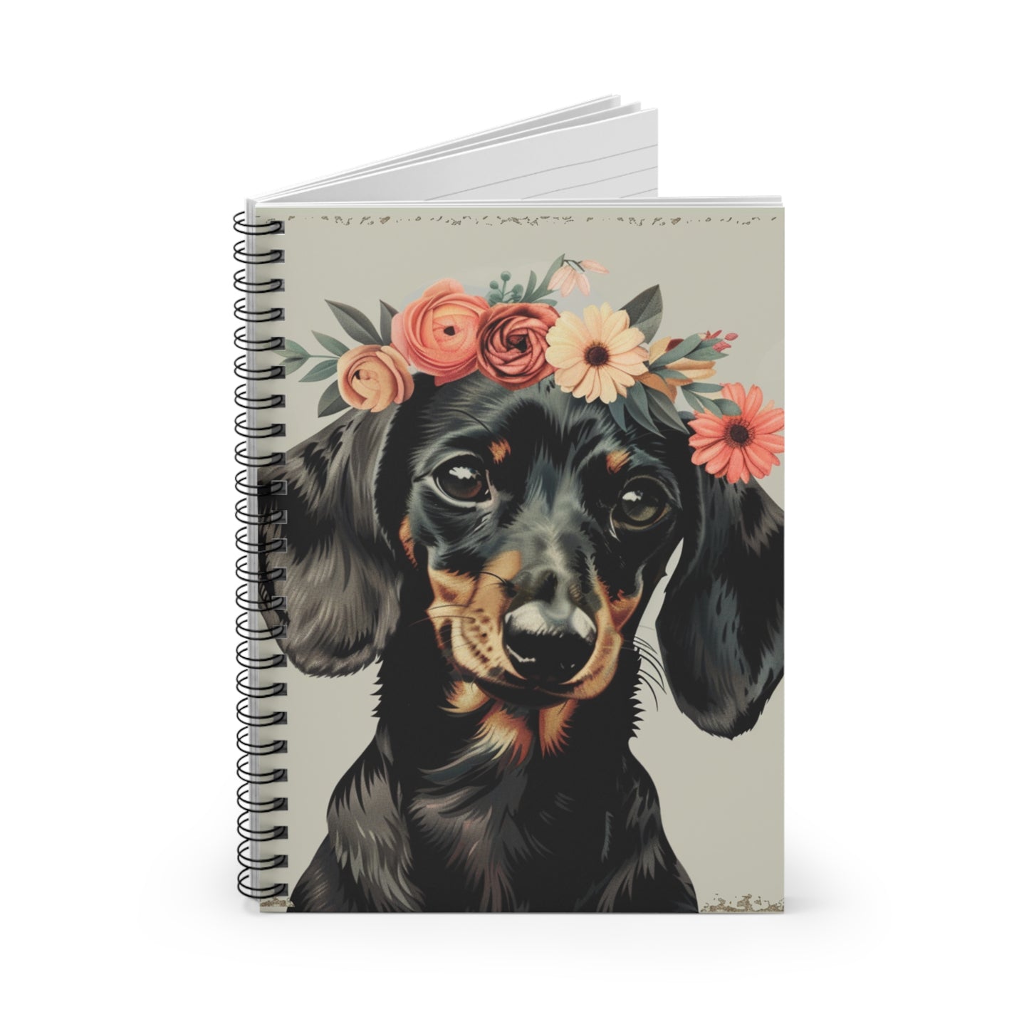 "Flower Crown" Black & Tan Smooth-Haired Dachshund Ruled Line Spiral Notebook