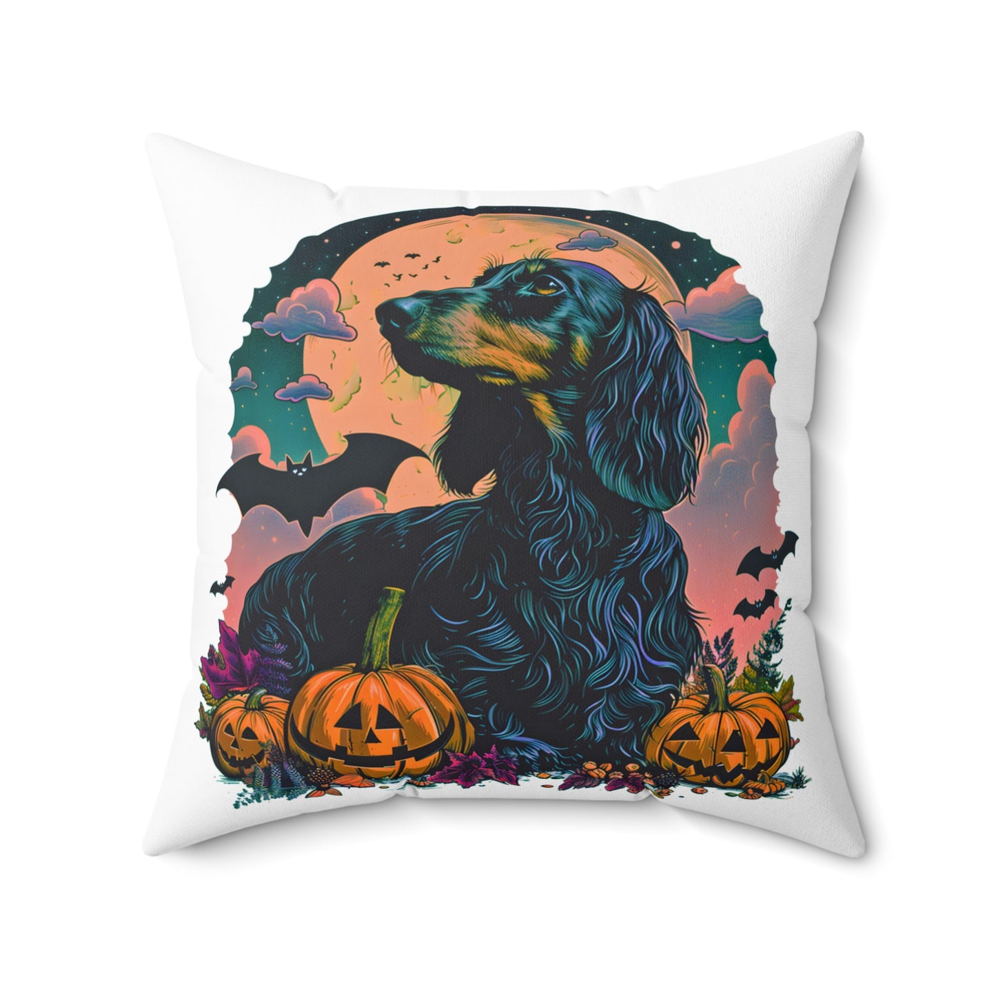 #15 Halloween Inspired Black & Tan Long-Haired Dachshund Throw Pillow