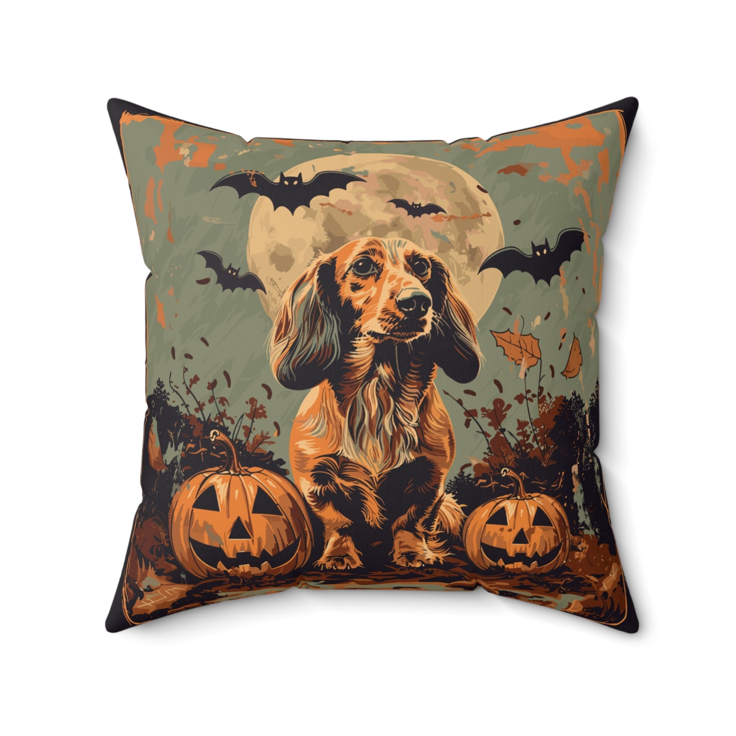#21 Halloween Inspired Tan Long-Haired Dachshund Throw Pillow