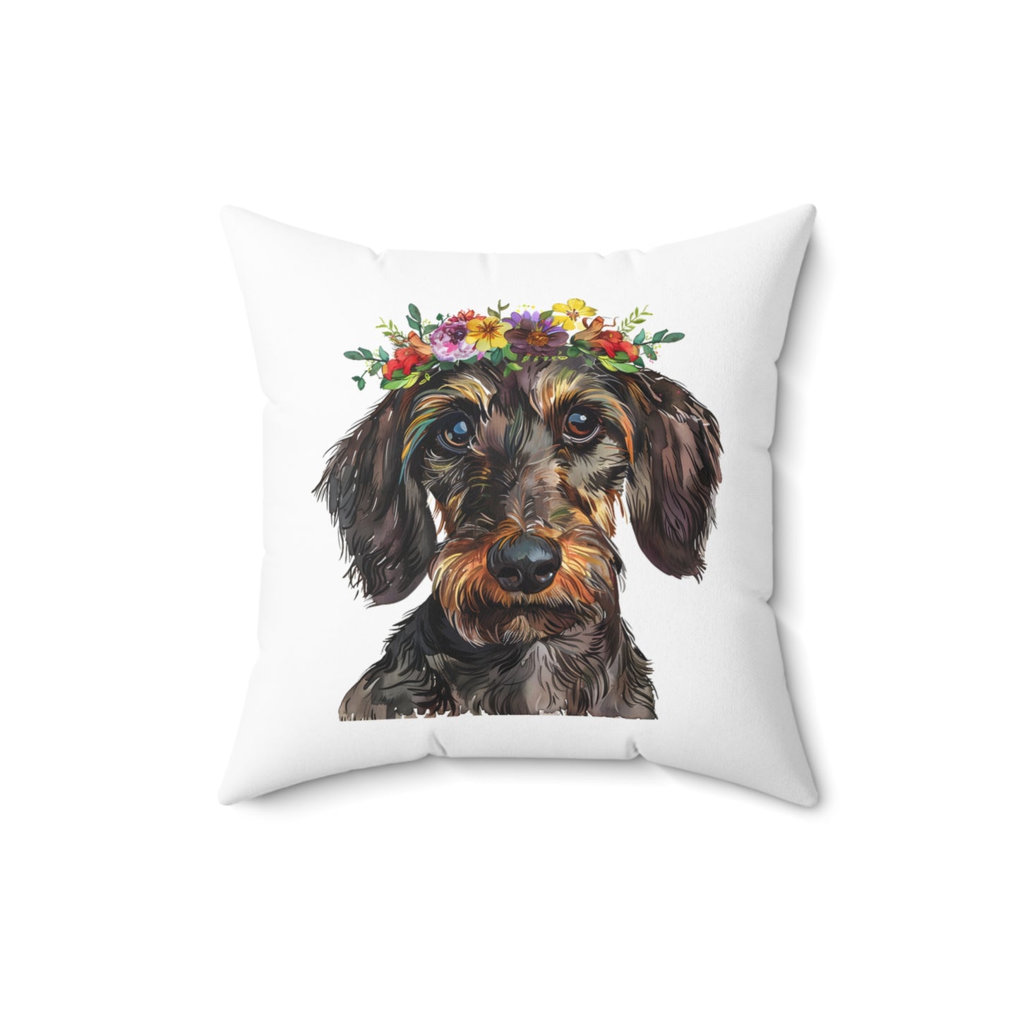 "Daisy Chain" Wire-Haired Dachshund Square Throw Pillow
