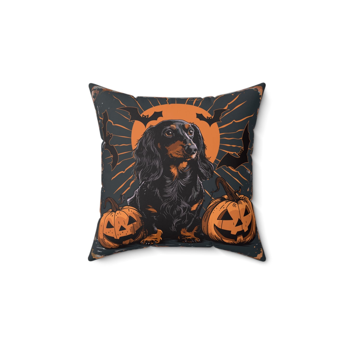 #23 Halloween Inspired Black & Tan Long-Haired Dachshund Throw Pillow