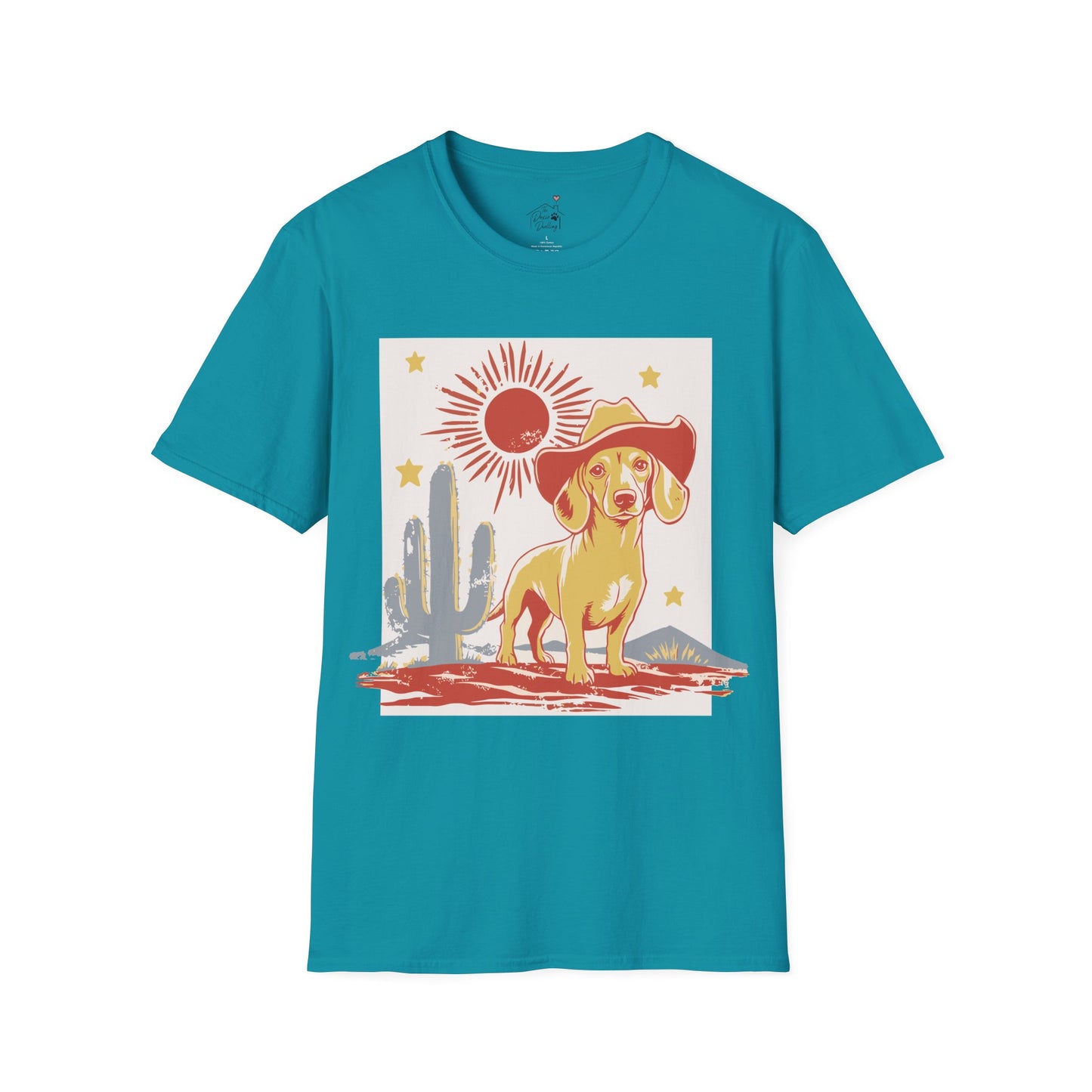 "Sunny Cowboy" Tan Smooth-Haired Dachshund Unisex Softstyle T-Shirt