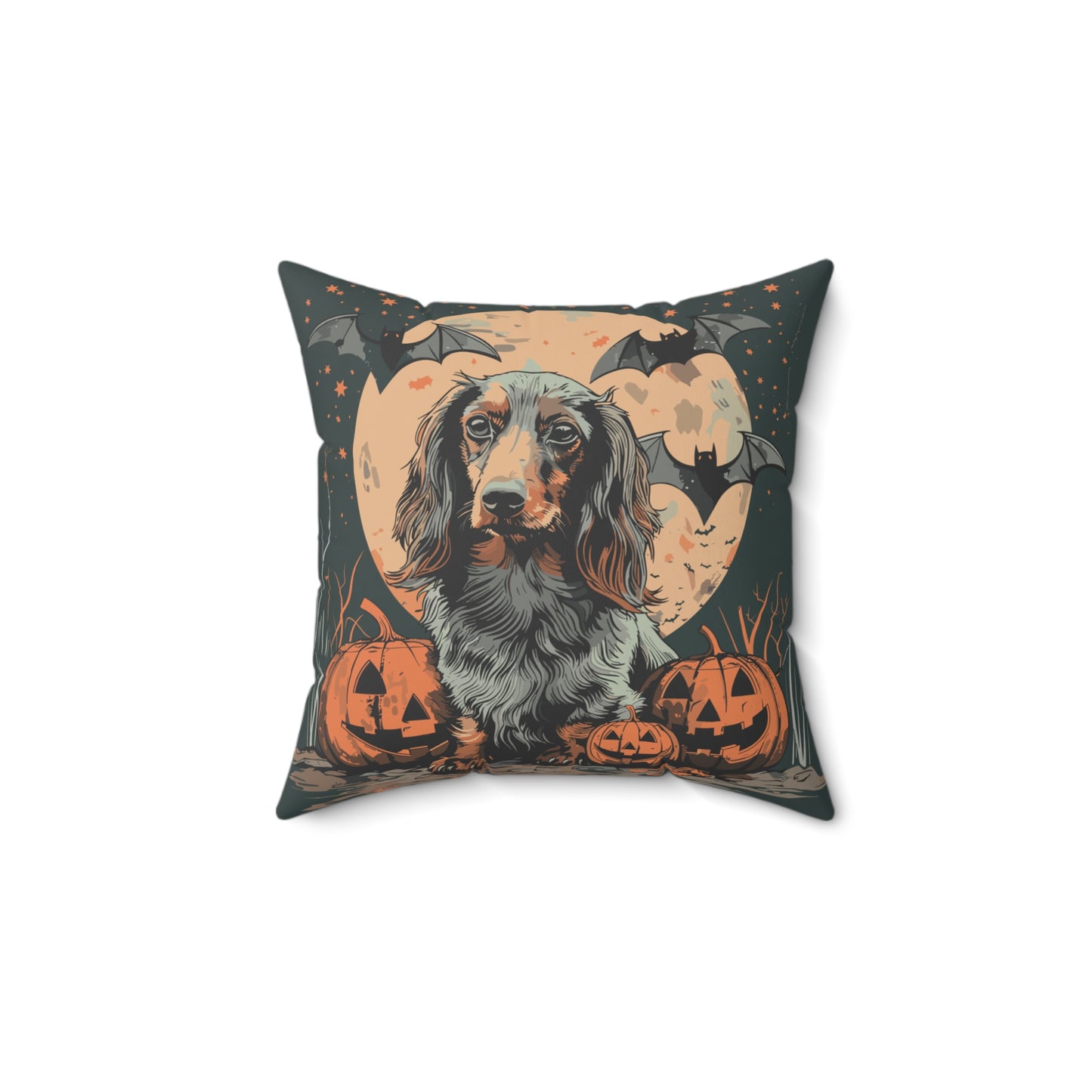 #12 Halloween Inspired Black & Tan/Chocolate Long-Haired Dachshund Throw Pillow