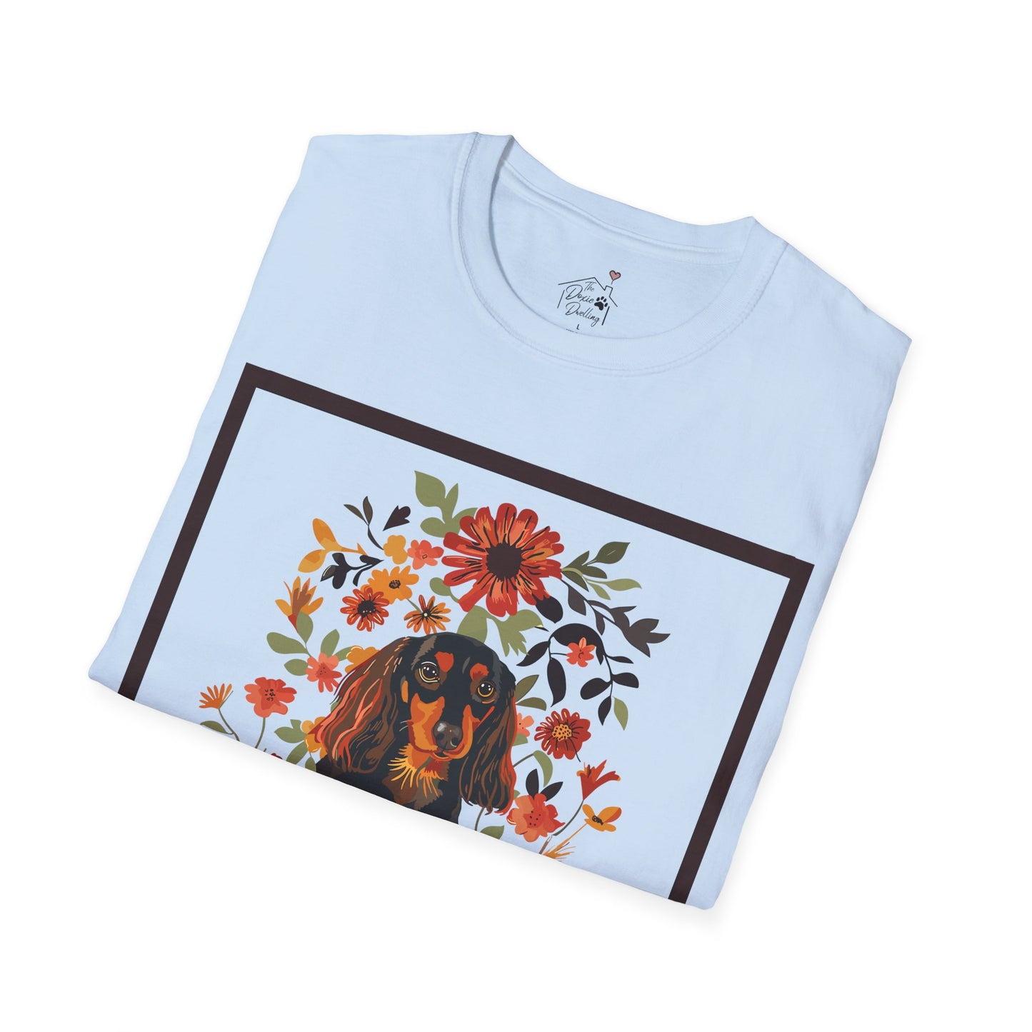 "Bouquet" Black & Tan Long-Haired Dachshund Unisex Softstyle T-Shirt