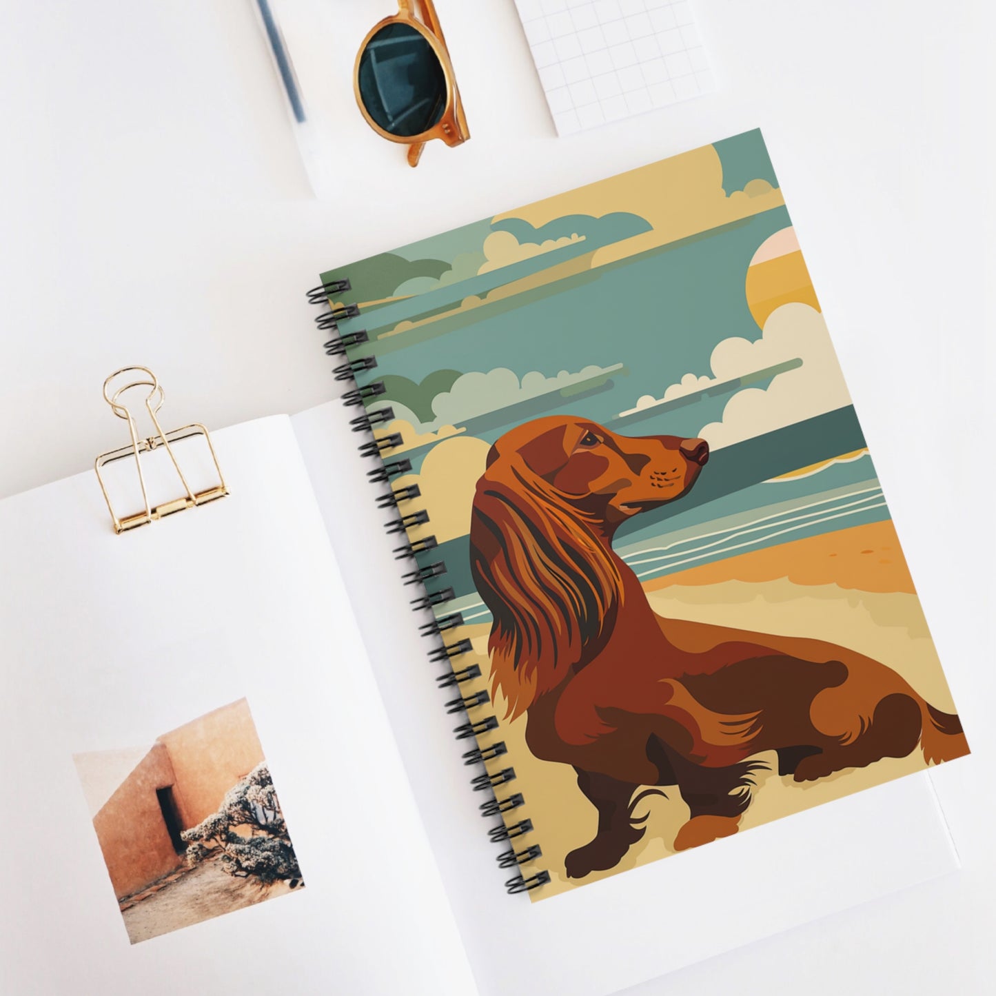 "Sunny Day" Red Long-Haired Dachshund Ruled Line Spiral Notebook