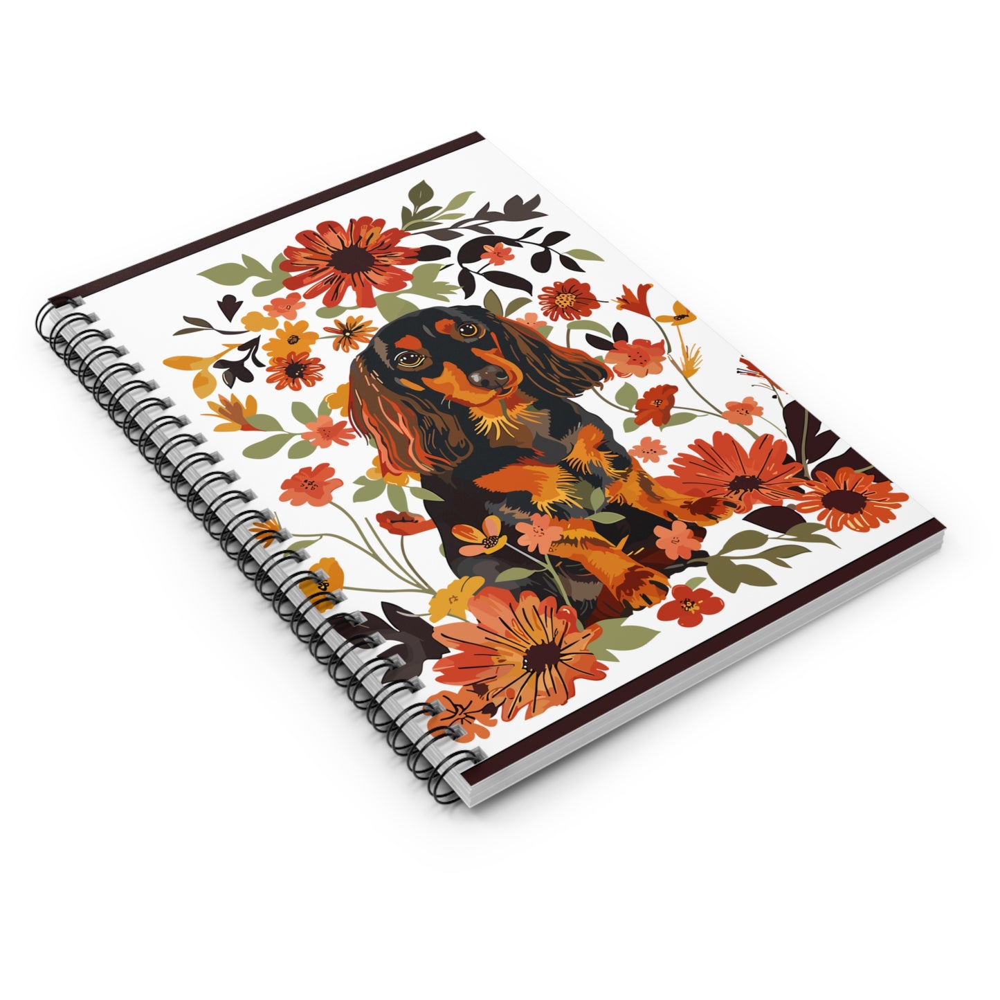"Bouquet" Black & Tan Long-Haired Dachshund Ruled Line Spiral Notebook