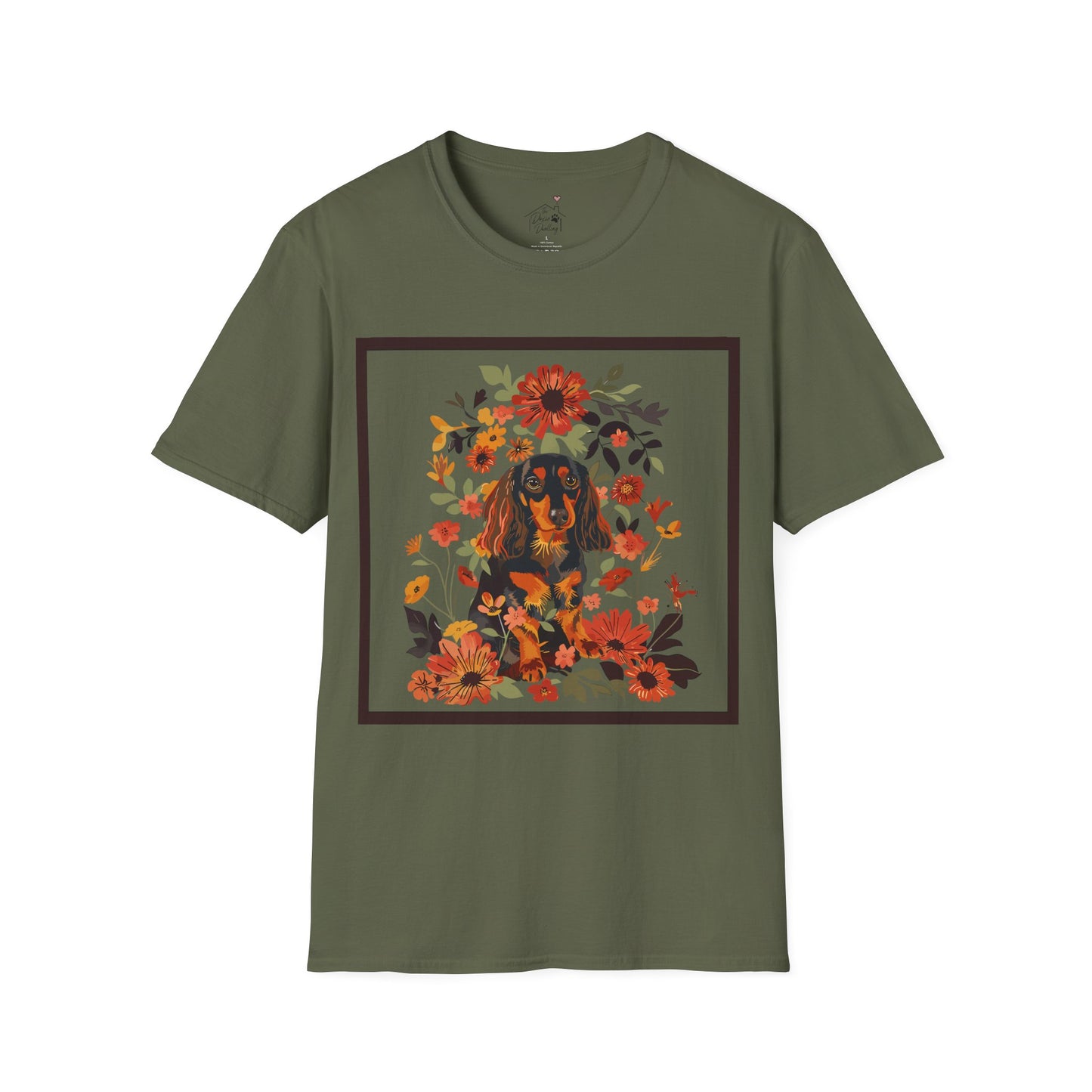 "Bouquet" Black & Tan Long-Haired Dachshund Unisex Softstyle T-Shirt