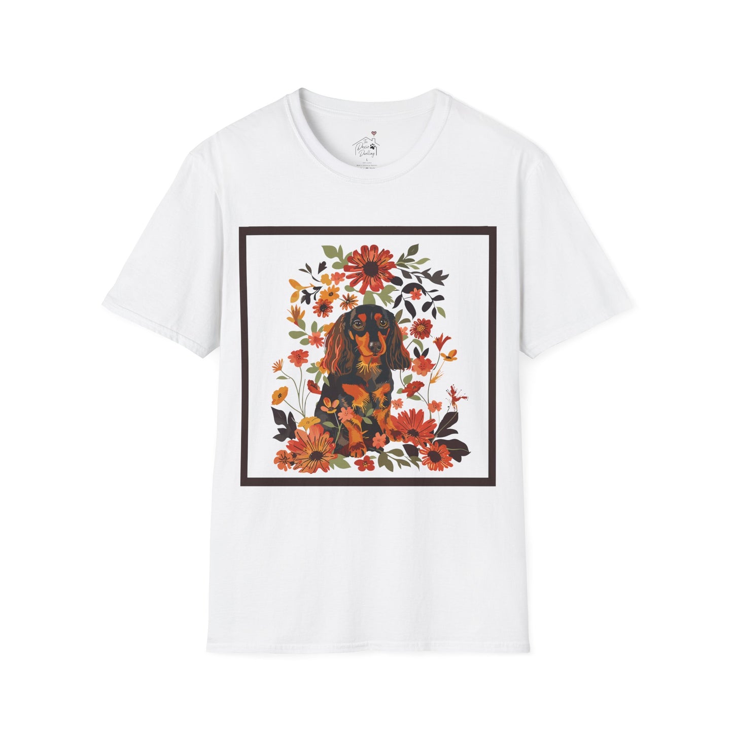 "Bouquet" Black & Tan Long-Haired Dachshund Unisex Softstyle T-Shirt