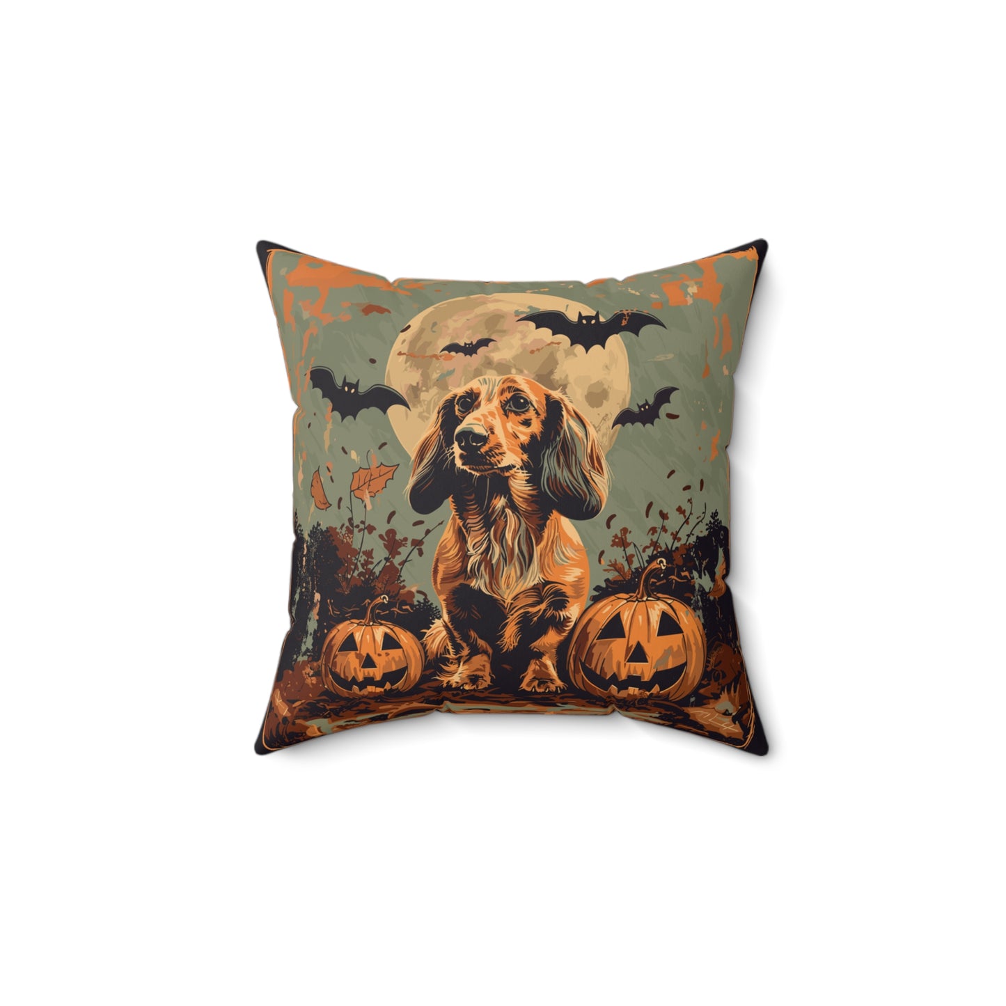 #21 Halloween Inspired Tan Long-Haired Dachshund Throw Pillow