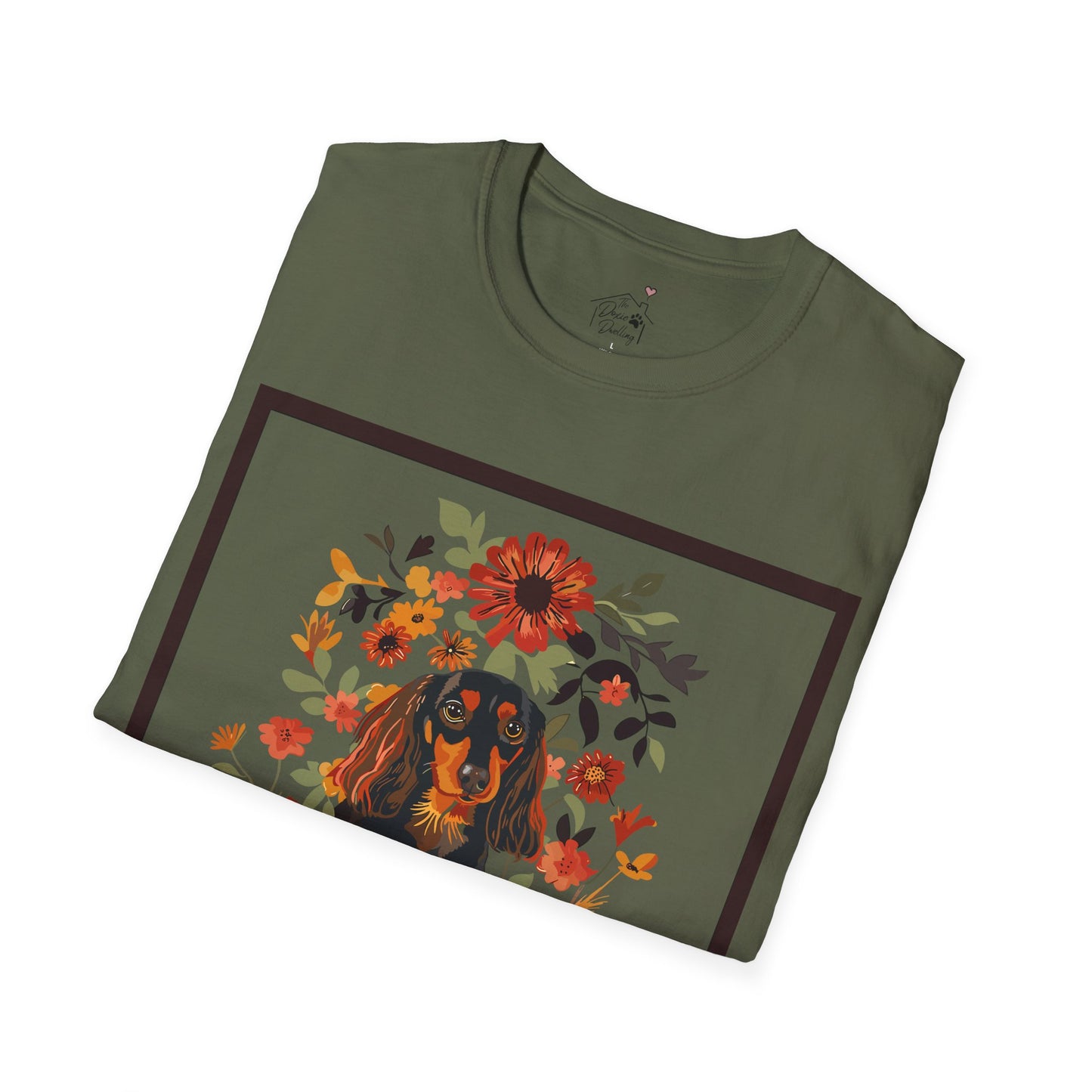 "Bouquet" Black & Tan Long-Haired Dachshund Unisex Softstyle T-Shirt