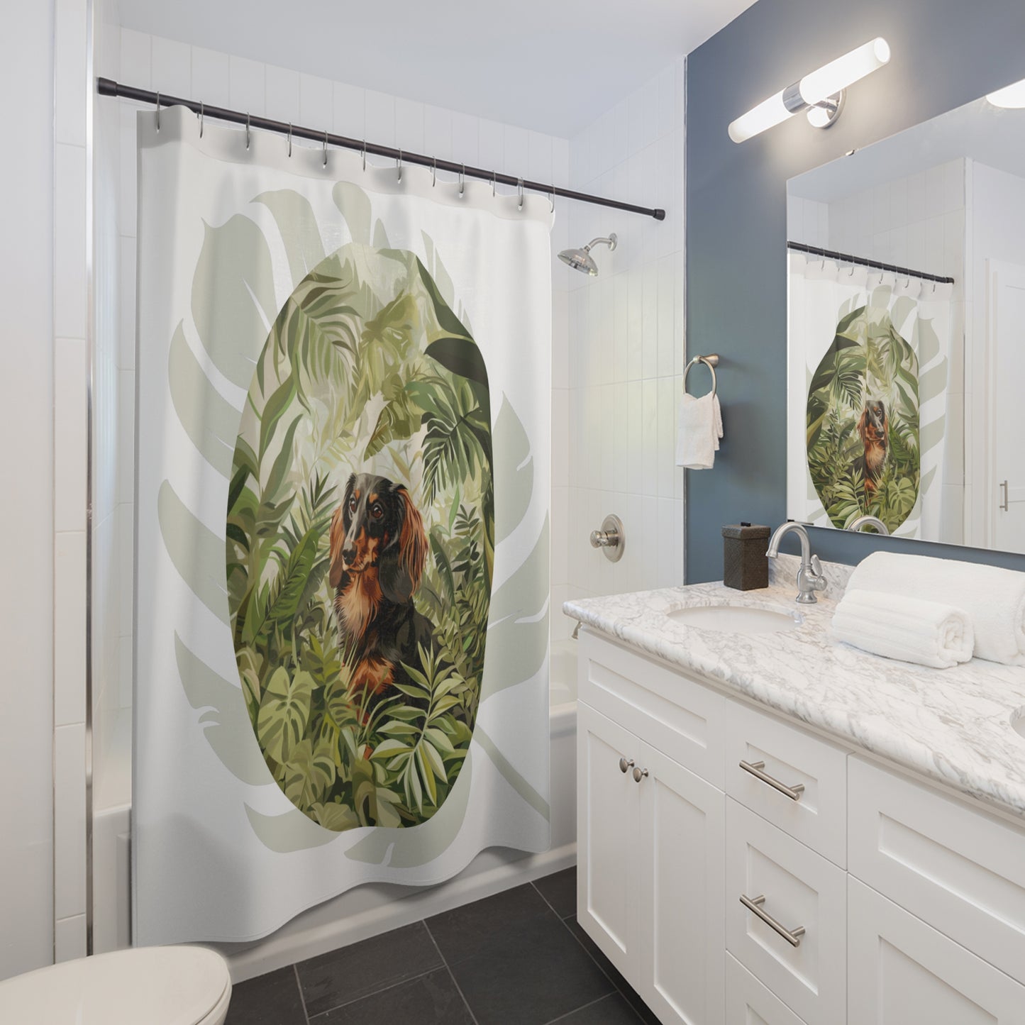"Jungle" Black & Tan Long-Haired Dachshund Green/White Shower Curtain