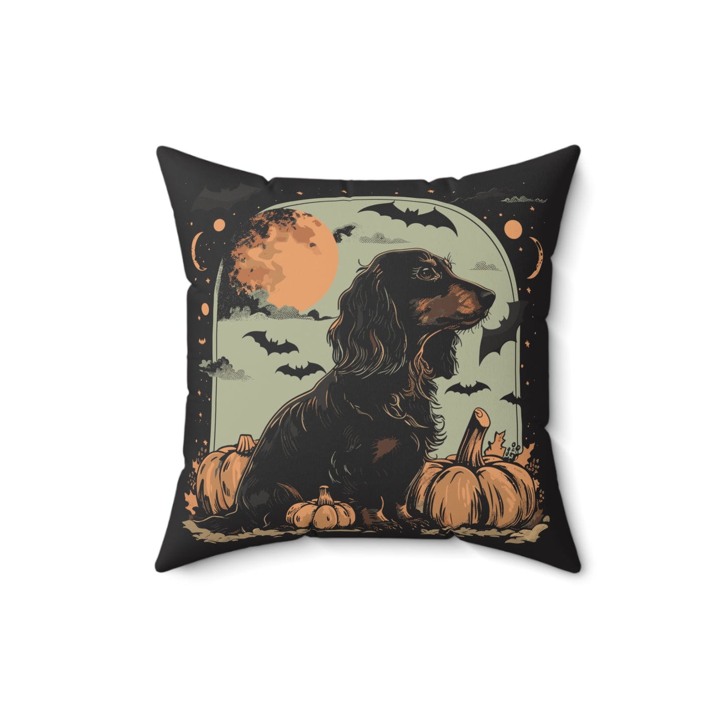 #18 Halloween Inspired Black & Tan Long-Haired Dachshund Throw Pillow