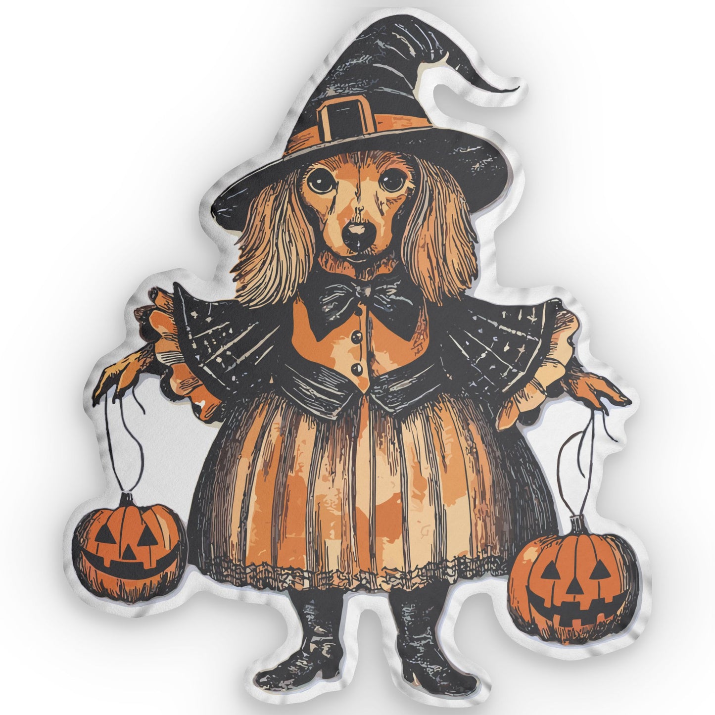 #18 Vintage Halloween Inspired Cream-Colored Long-Haired Dachshund Custom Shaped Pillow
