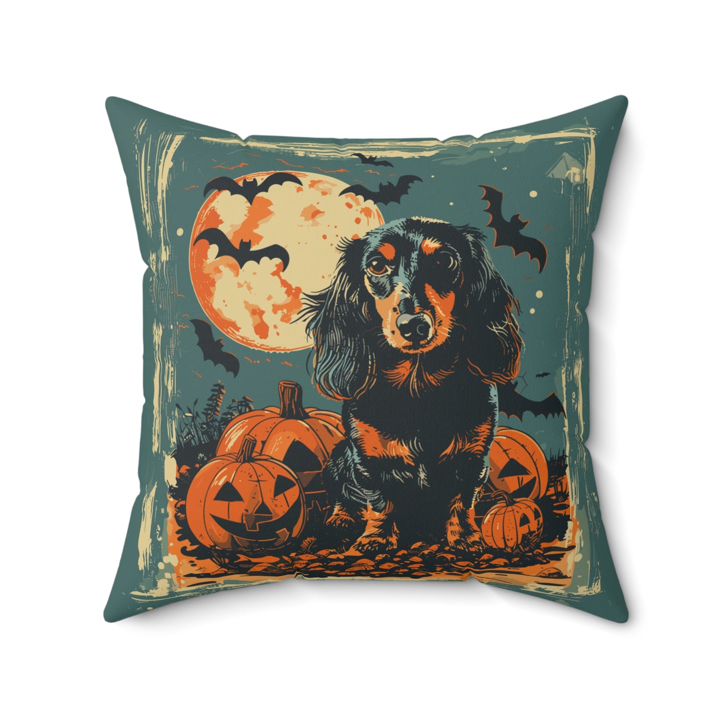 #20 Halloween Inspired Black & Tan Long-Haired Dachshund Throw Pillow