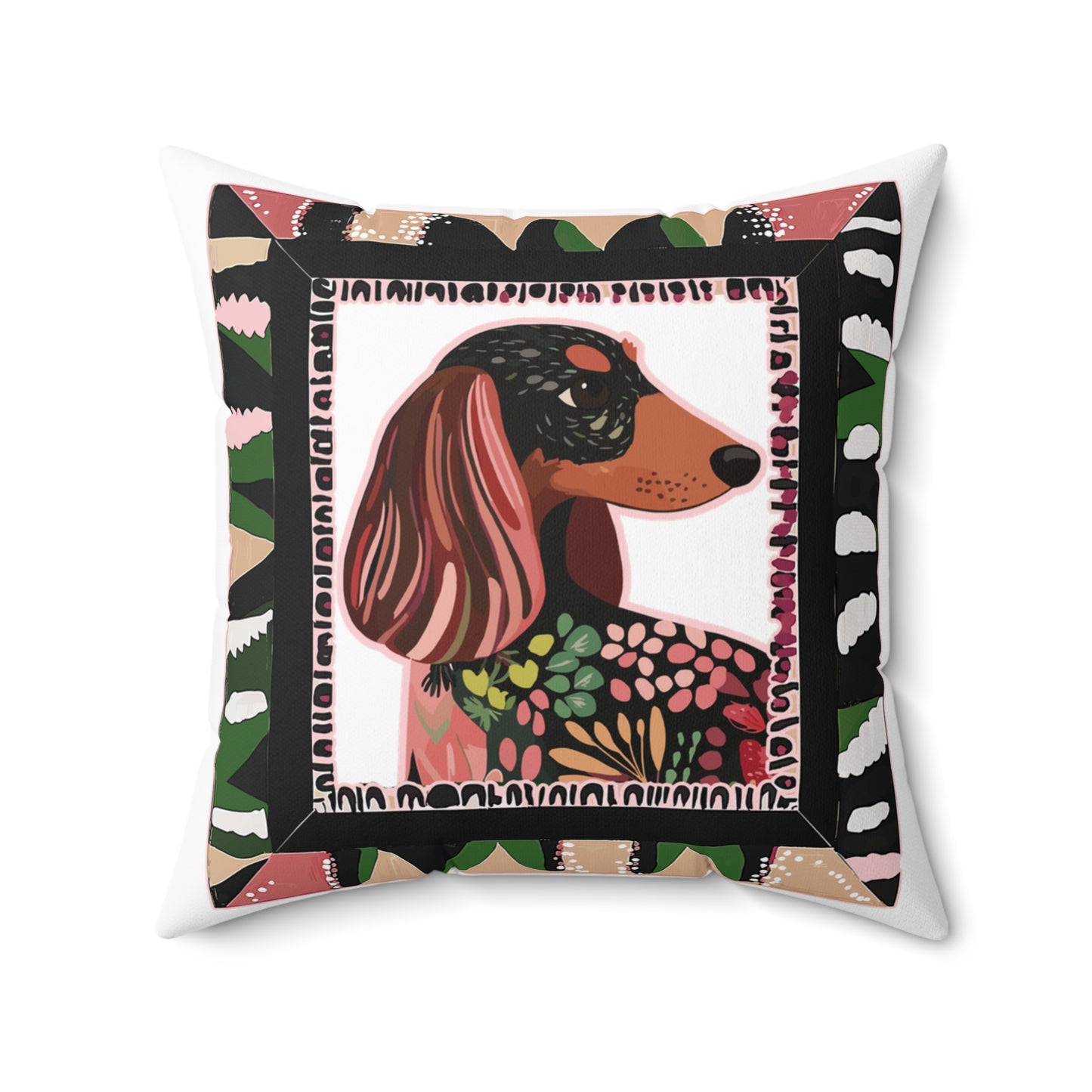 "Long Wacky Frame" Long-Haired Dachshund Square Throw Pillow