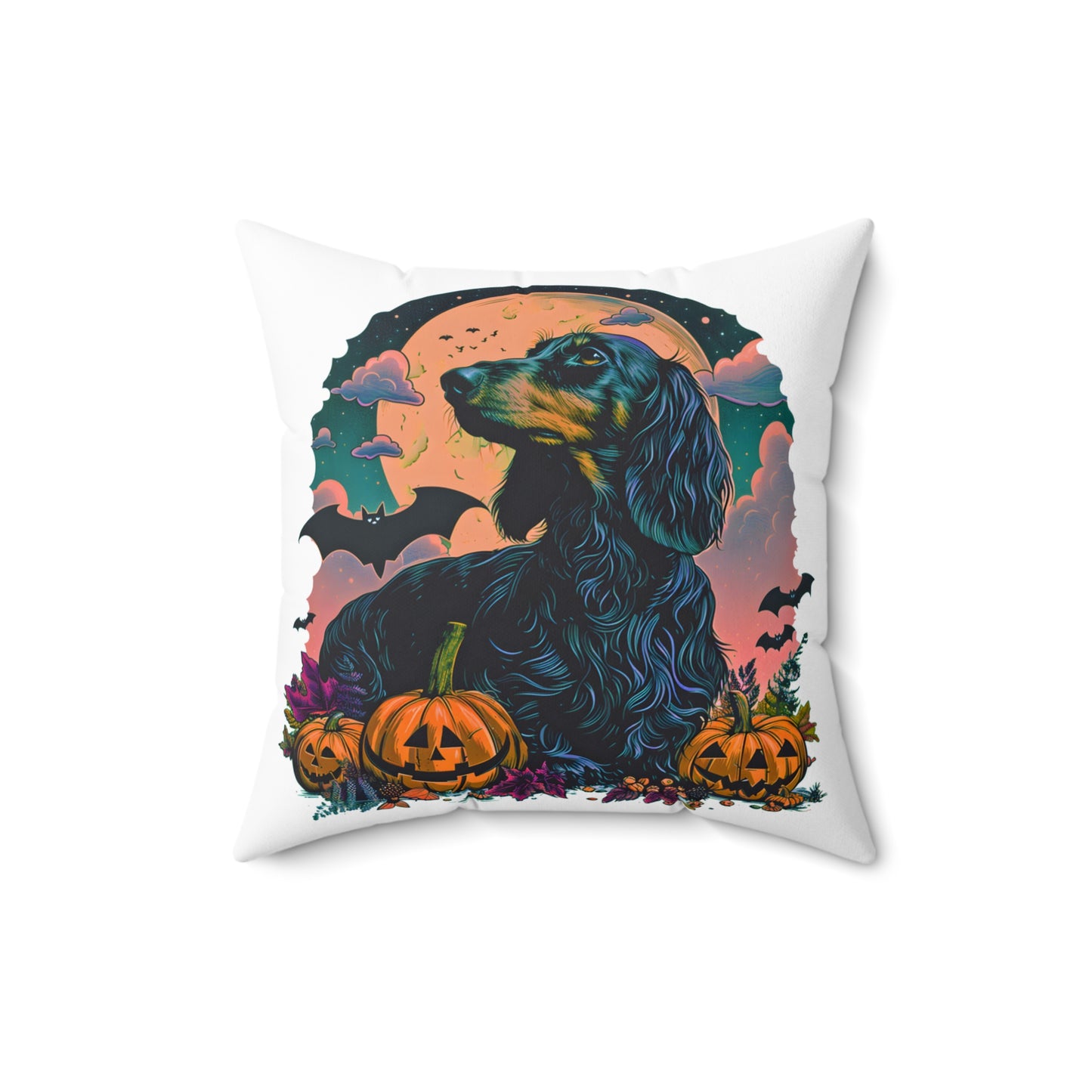 #15 Halloween Inspired Black & Tan Long-Haired Dachshund Throw Pillow
