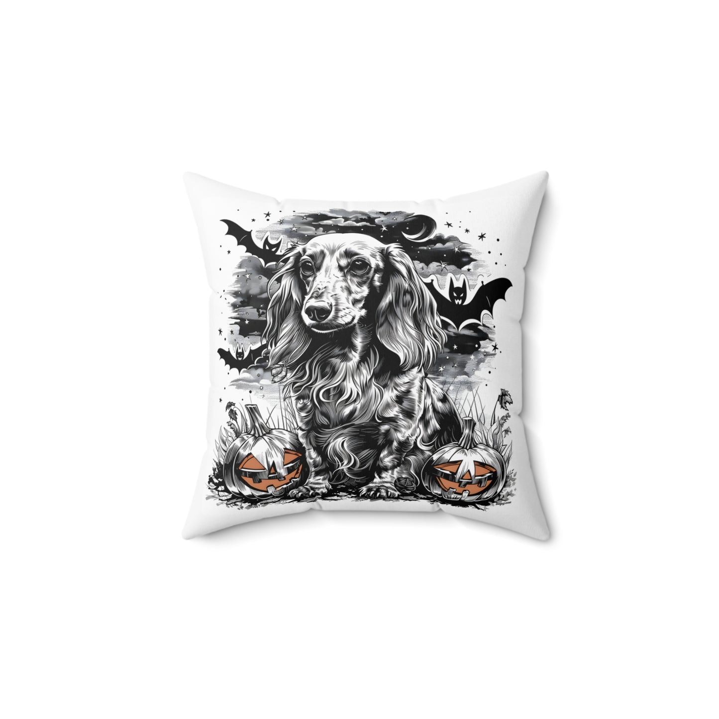 #13 Halloween Inspired Cream-Colored Long-Haired Dachshund Throw Pillow