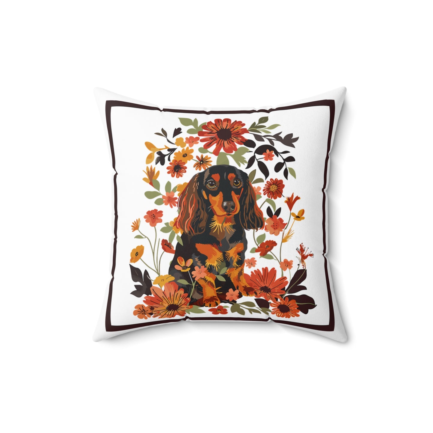 "Bouquet" Long-Haired Dachshund Square Throw Pillow