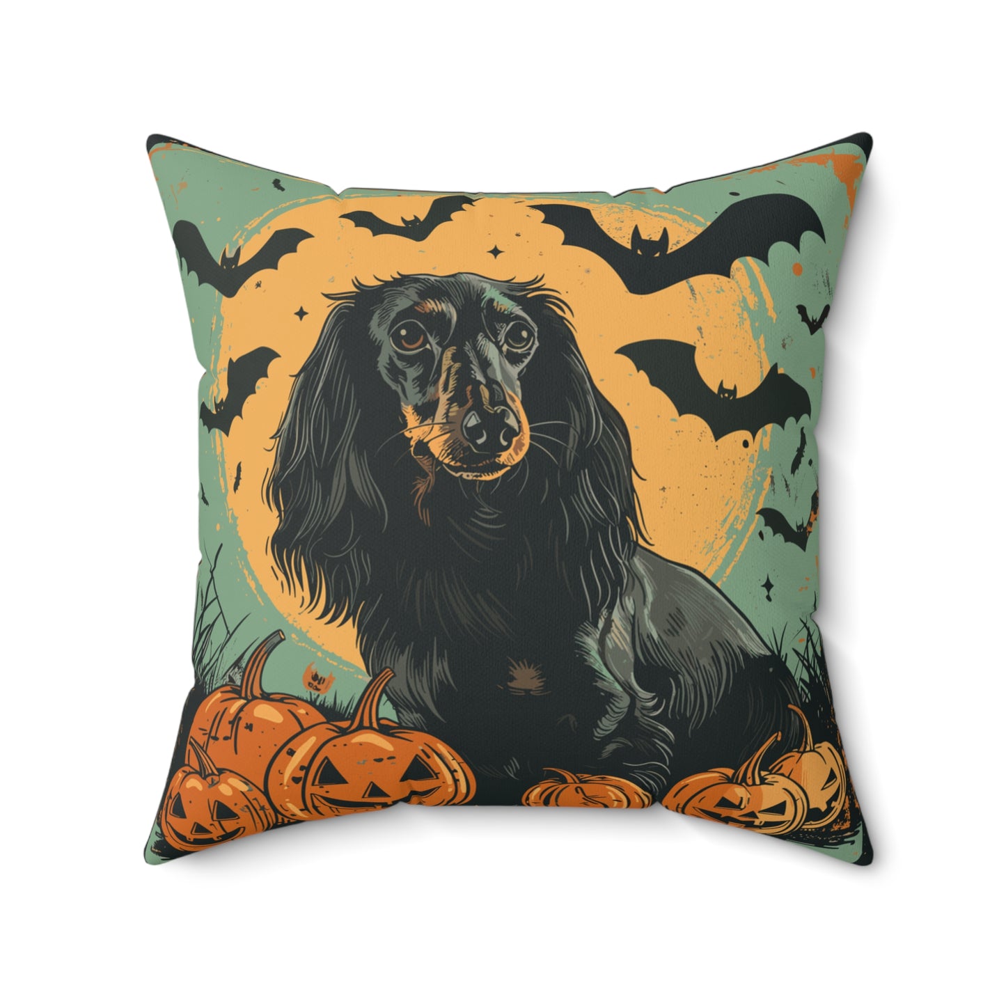 #19 Halloween Inspired Black & Tan Long-Haired Dachshund Throw Pillow