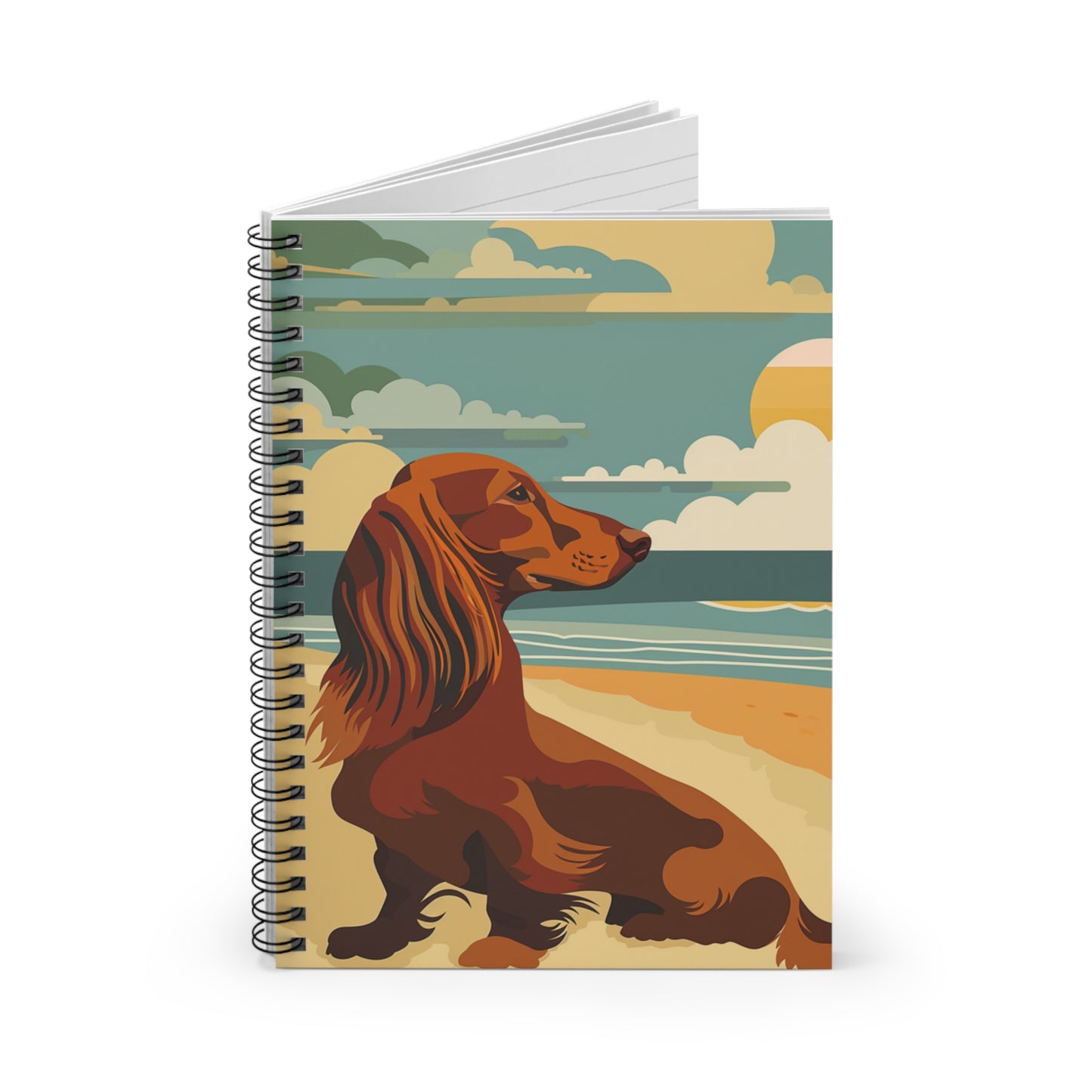 "Sunny Day" Red Long-Haired Dachshund Ruled Line Spiral Notebook