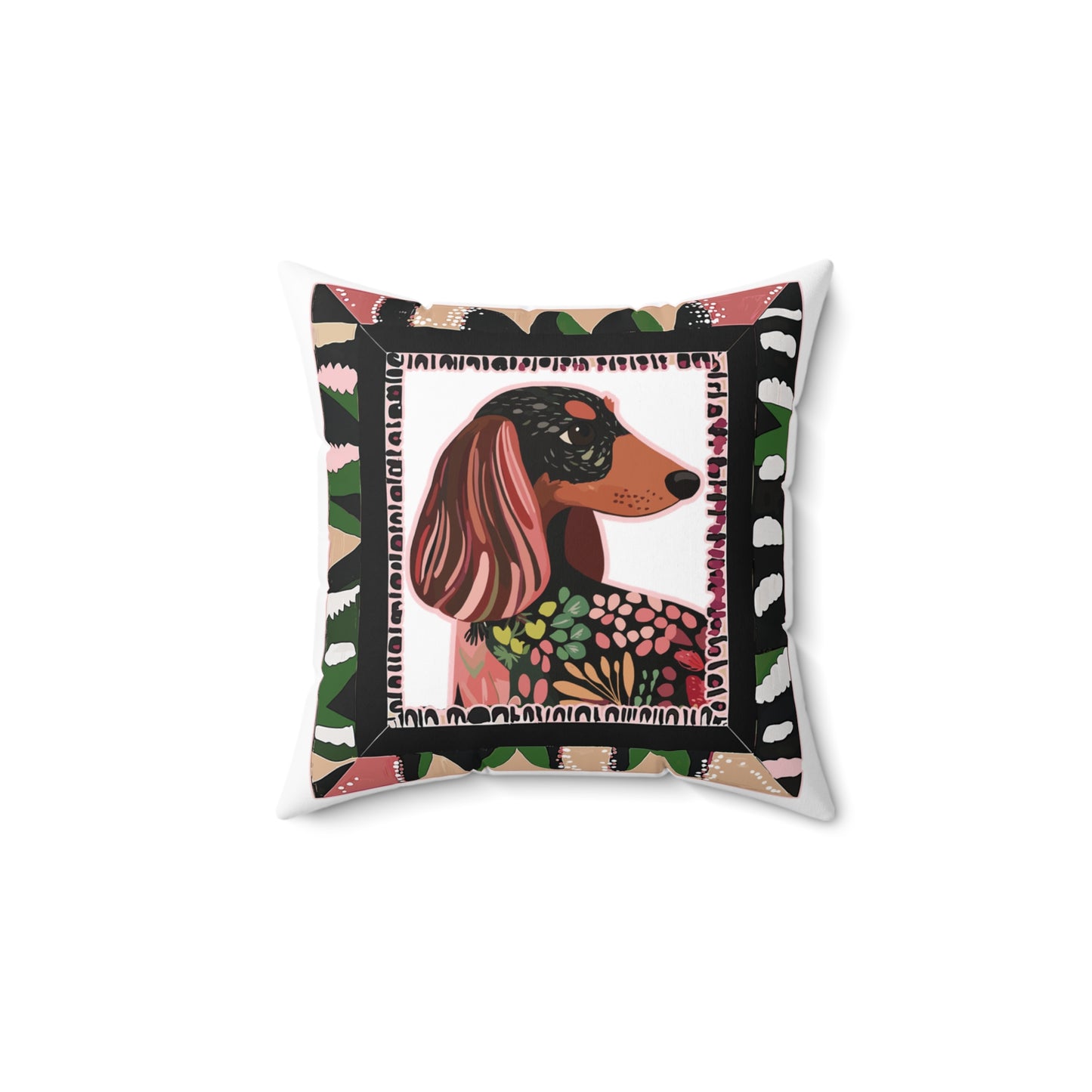 "Long Wacky Frame" Long-Haired Dachshund Square Throw Pillow