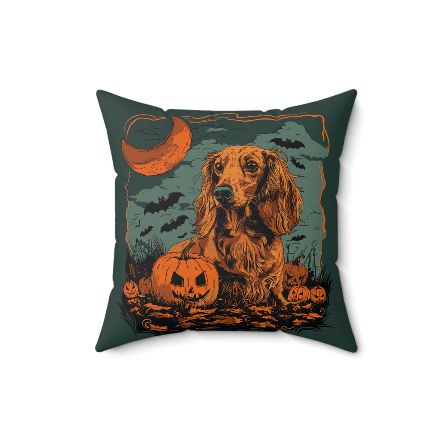 #16 Halloween Inspired Red/Tan Long-Haired Dachshund Throw Pillow
