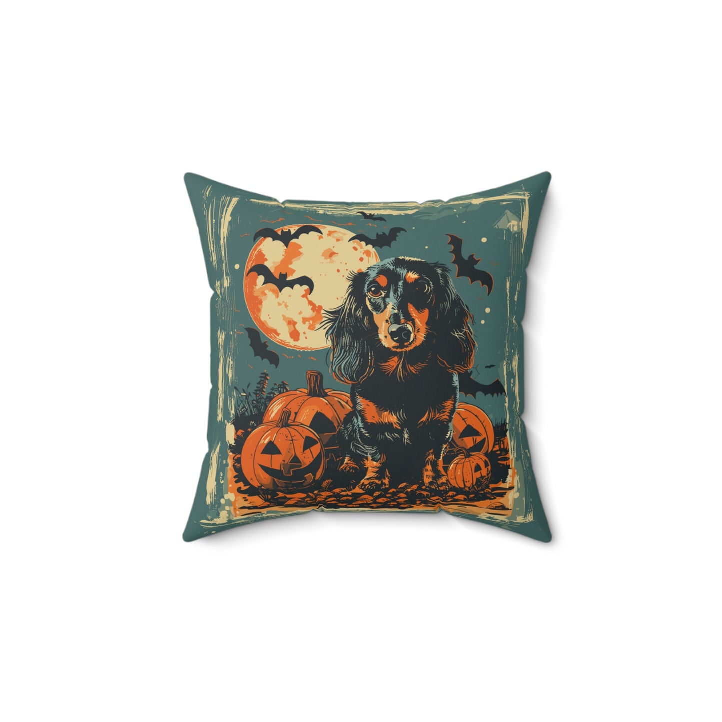 #20 Halloween Inspired Black & Tan Long-Haired Dachshund Throw Pillow