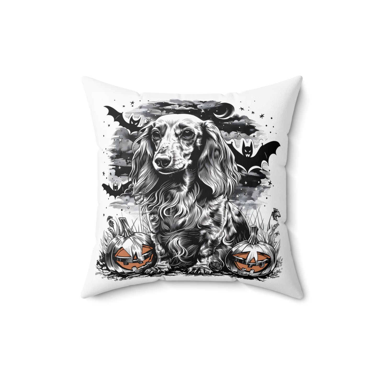 #13 Halloween Inspired Cream-Colored Long-Haired Dachshund Throw Pillow