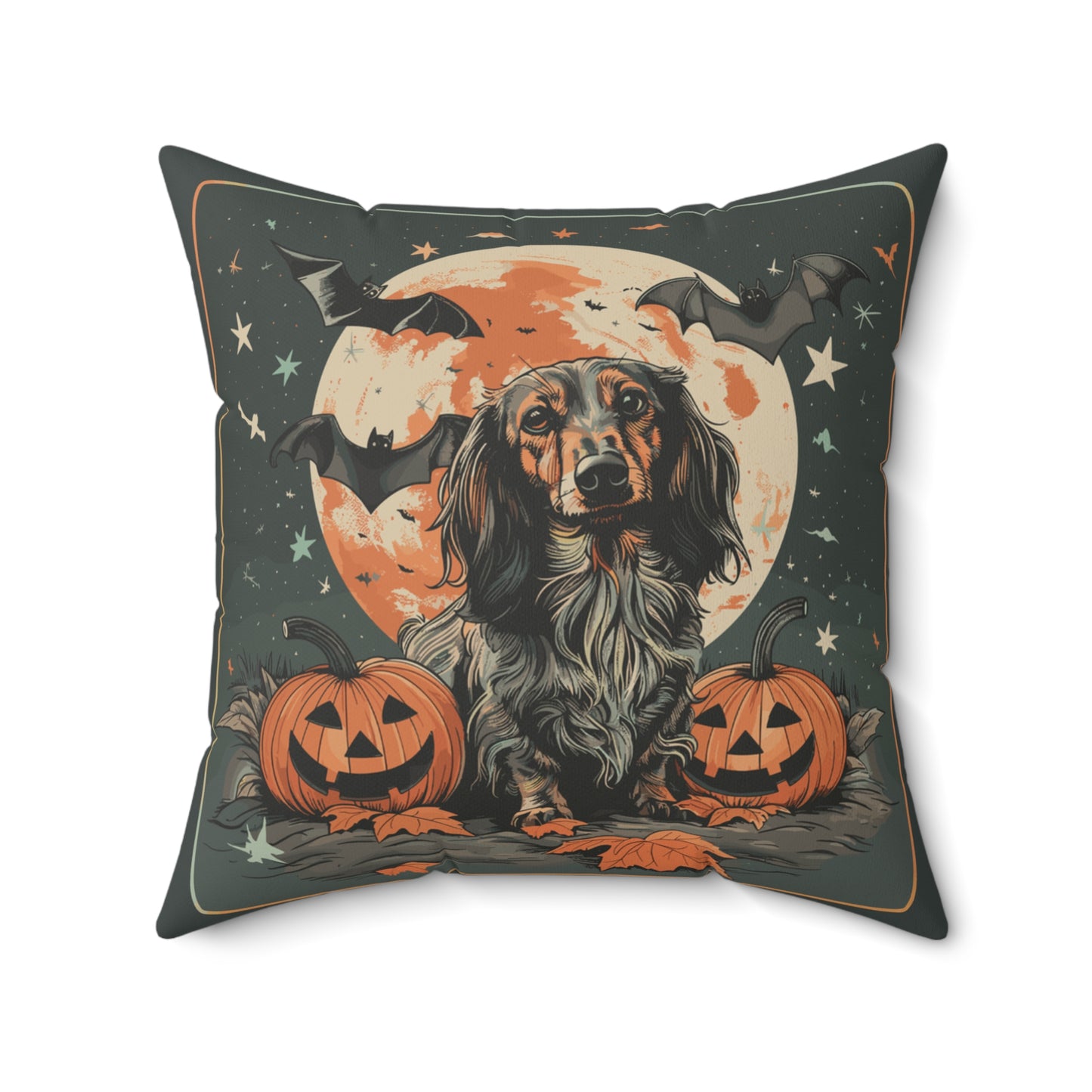 #11 Halloween Inspired Black & Tan/Red/Chocolate Long-Haired Dachshund Throw Pillow