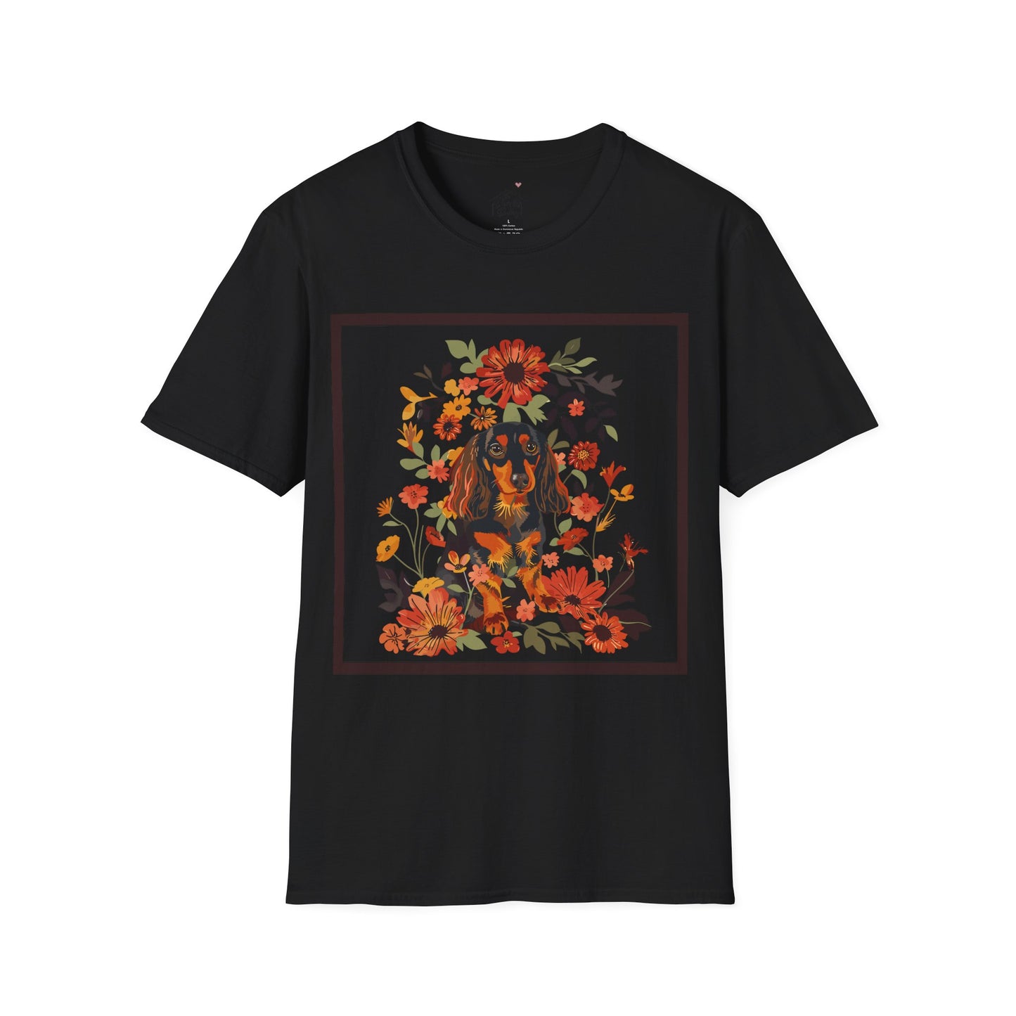 "Bouquet" Black & Tan Long-Haired Dachshund Unisex Softstyle T-Shirt