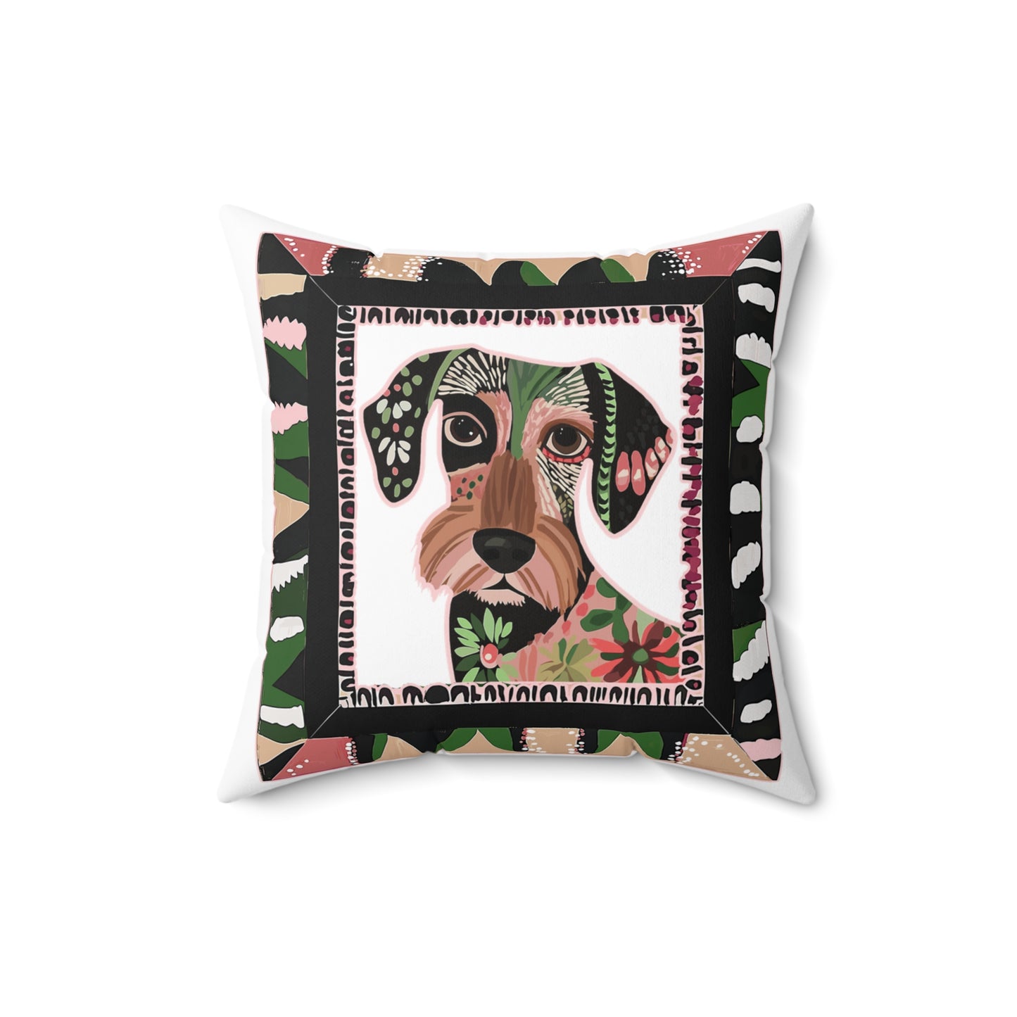 "Wired Wacky Frame" Wire-Haired Dachshund Square Throw Pillow